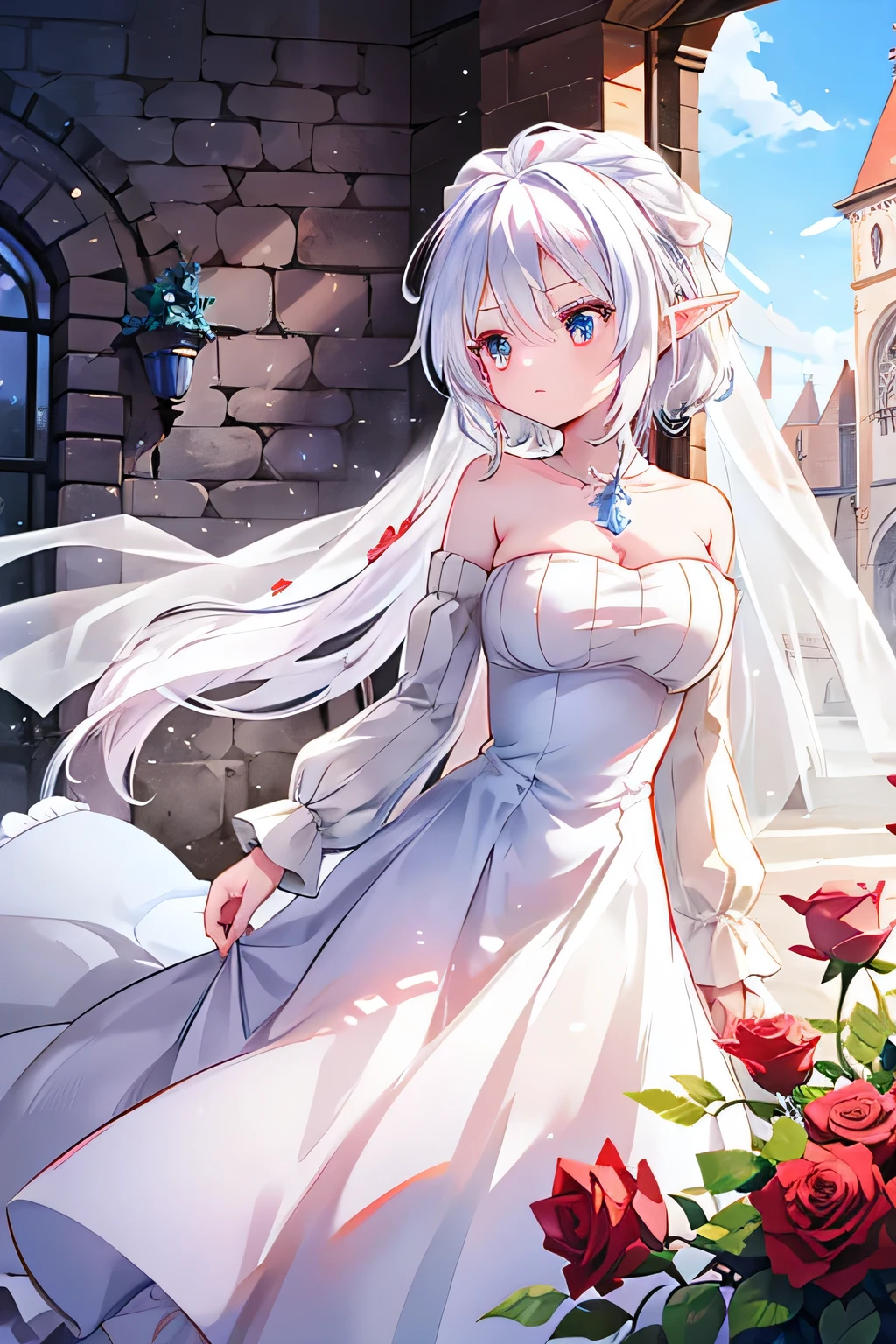 Mature older bride, Marriage, wedding dress, blue eyes on bride, Groom has rose red eyes and short messy white hair and elf ears