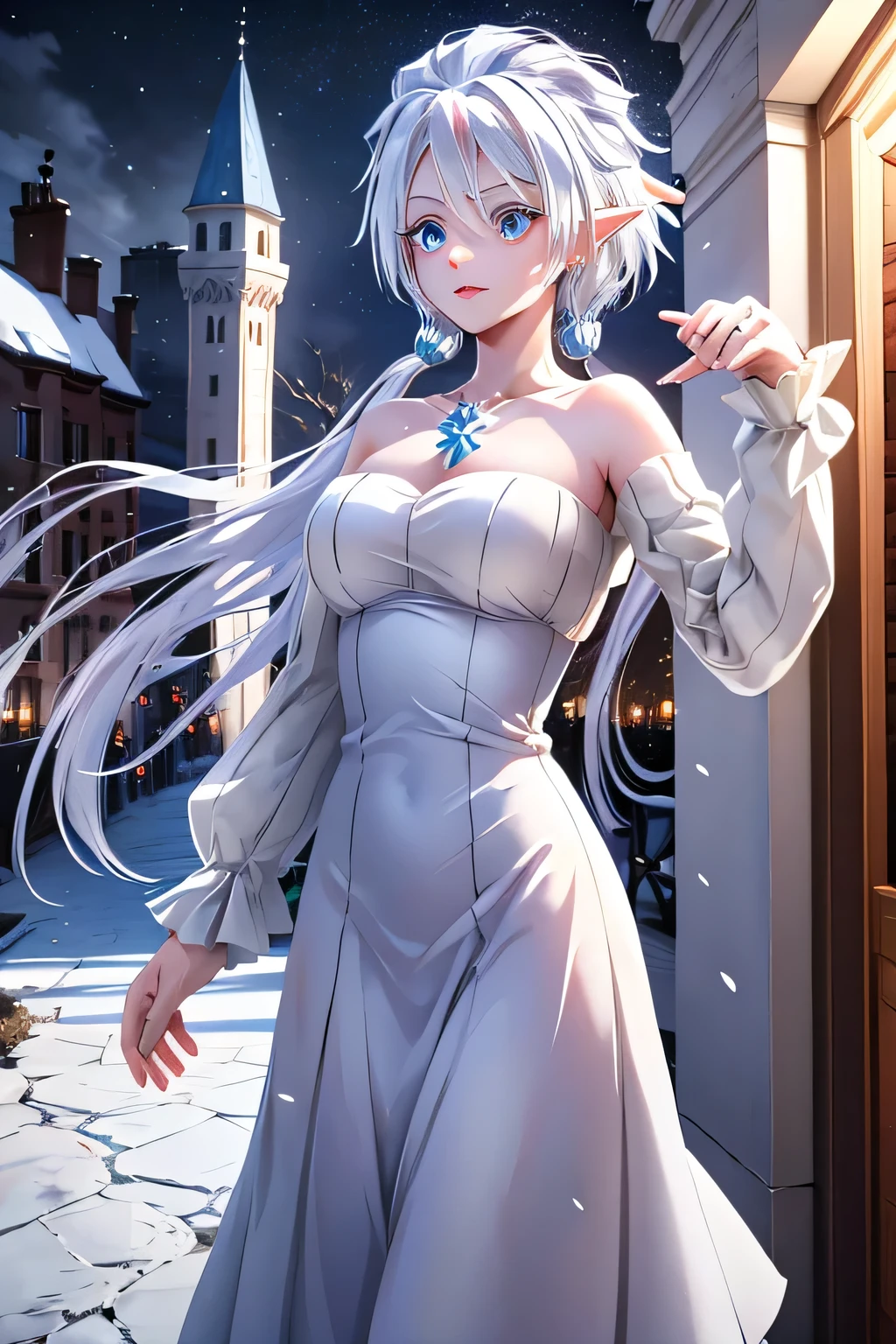 Mature older bride, Marriage, wedding dress, blue eyes on bride Groom has rose red eyes and short messy white hair and elf ears