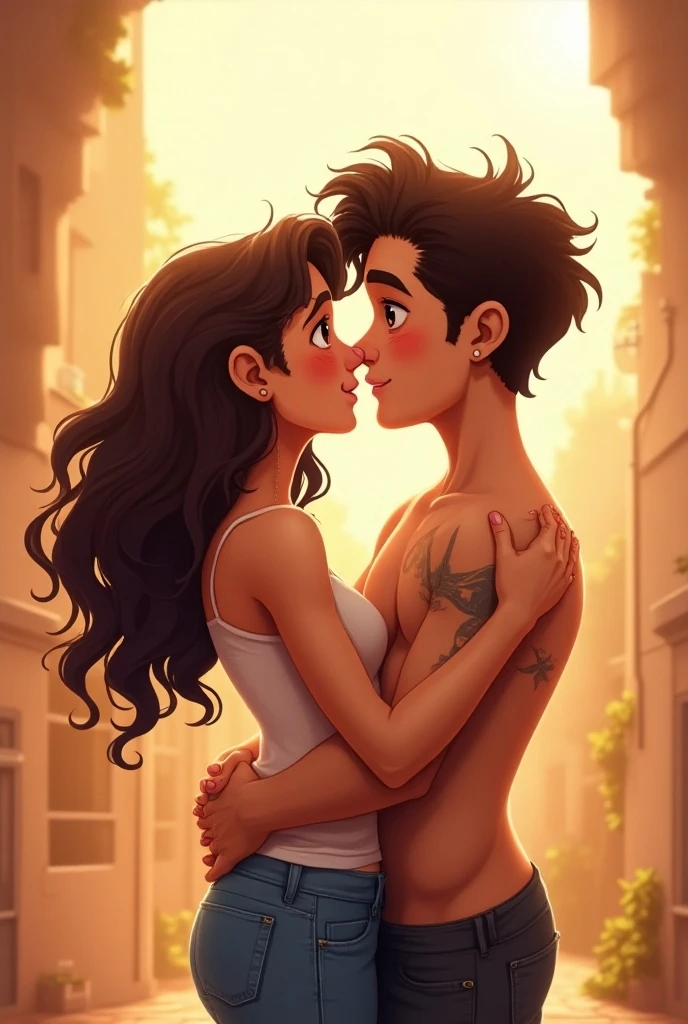 She has long curly hair, bright olive skin and striking, light yellow eyes., curvy body and full lips.
He has short brown hair, a chiseled jaw, a beautiful tattooed body, and striking green eyes. He is so handsome that he looks like the actor who played Clark Kent but younger..
They are facing each other, she has her arms crossed and he has a mocking smile.. animated cartoon.