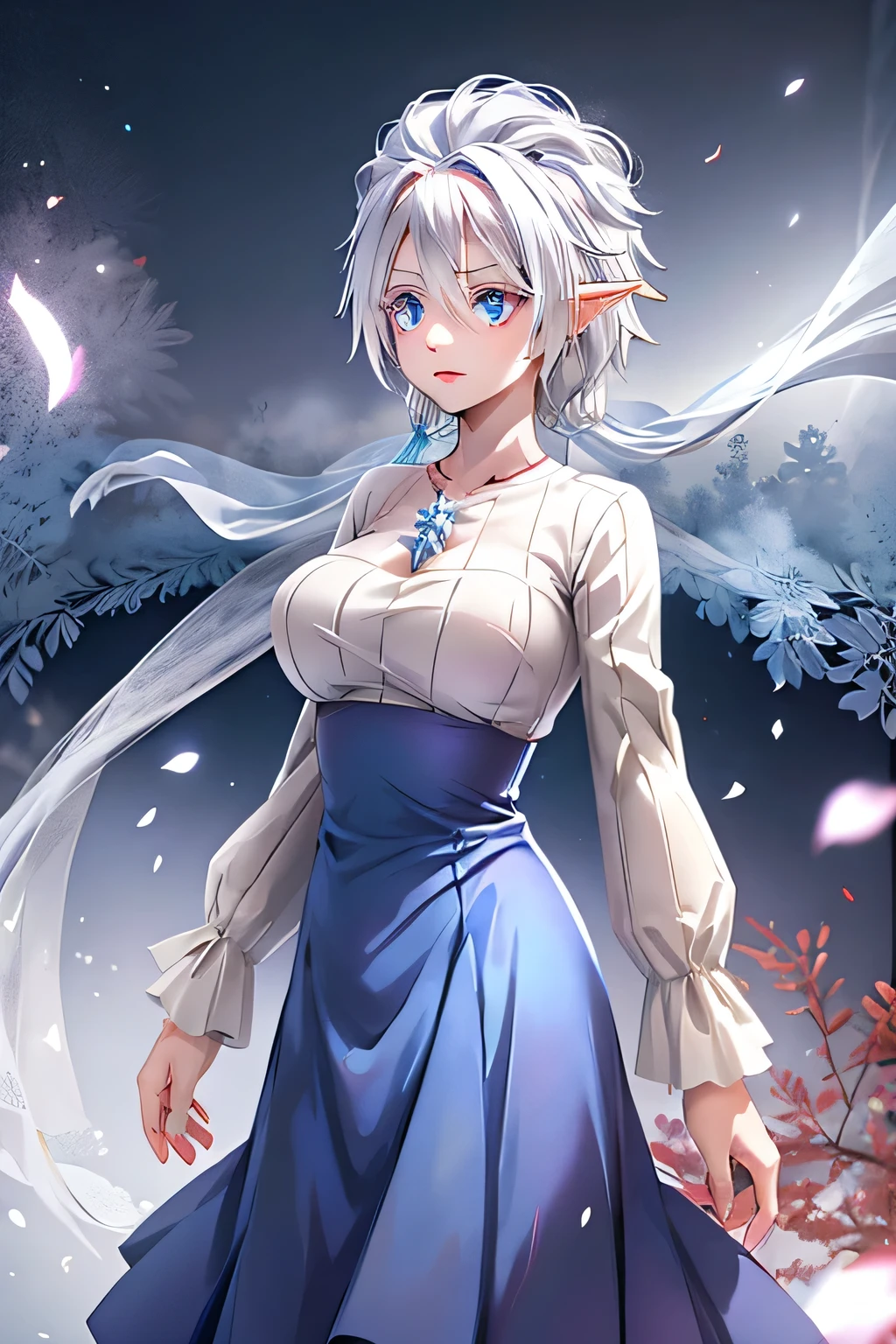 Mature older bride, Marriage, wedding dress, blue eyes on bride Groom has rose red eyes and short messy white hair and elf ears