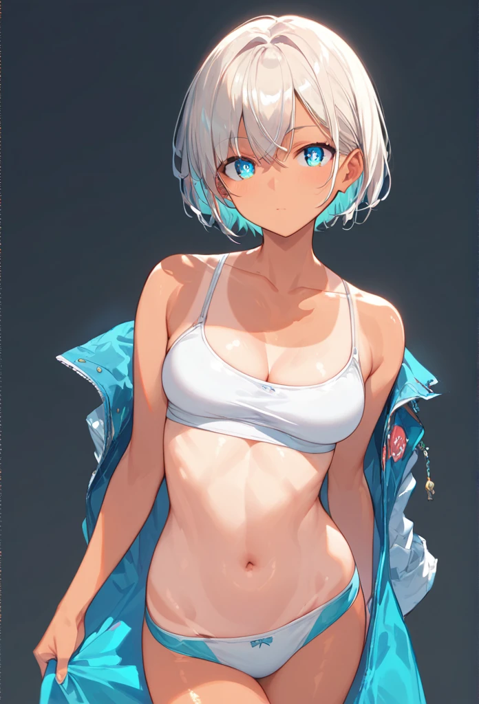 score_9, score_8_up, score_7_up,source_anime, high res image,masterpiece,best quality,girl,cute face,clear skin,shiny hair,ultra detailed eyes,simple background,  tanline,underwear