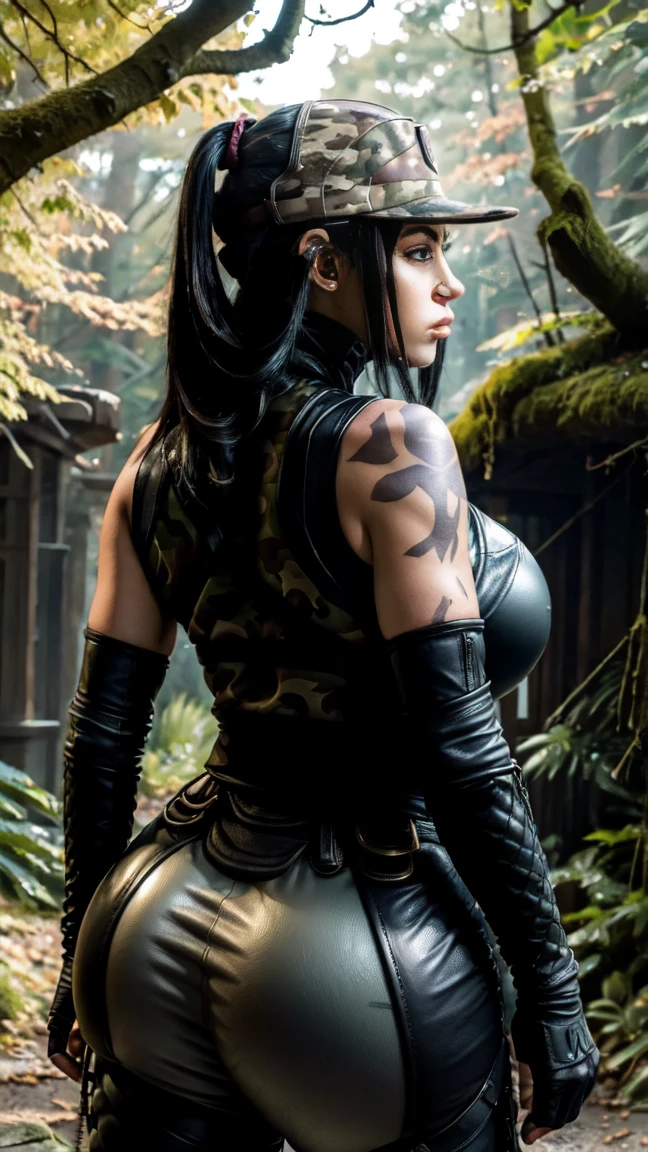 masterpiece, best quality, kai schulen, Cap,leather ribbed camouflage sweater leather, sleeveless,camouflage pants, leather fingerless gloves, big breasts,thicc ass,standing in a forest, women look arround, backview