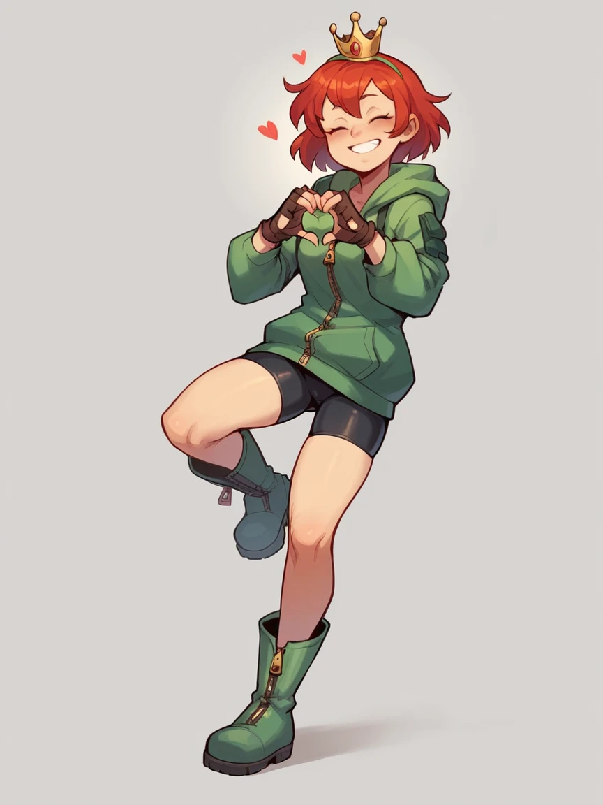 score_9, score_8_up, score_7_up, score_6_up, score_5_up, Schp1cy, simple background, 1girl, perfect eyes, simple background, solo, smile, gloves, short hair, closed eyes, heart, red hair, boots, hood, green hood, fingerless gloves, hoodie, standing on one leg, bike shorts, zipper, heart hands, crown