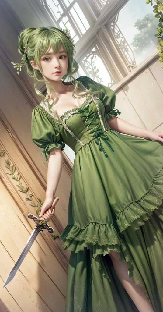 a close up of a woman in a green dress with a sword, loli in dress, in the art style of bowater, tattered green dress, wearing a flowing dress, highly detailed exquisite fanart, dressed in a green robe, my dress up darling anime, detailed dress and face, dress of leaves, inspired by Sakai Hōitsu