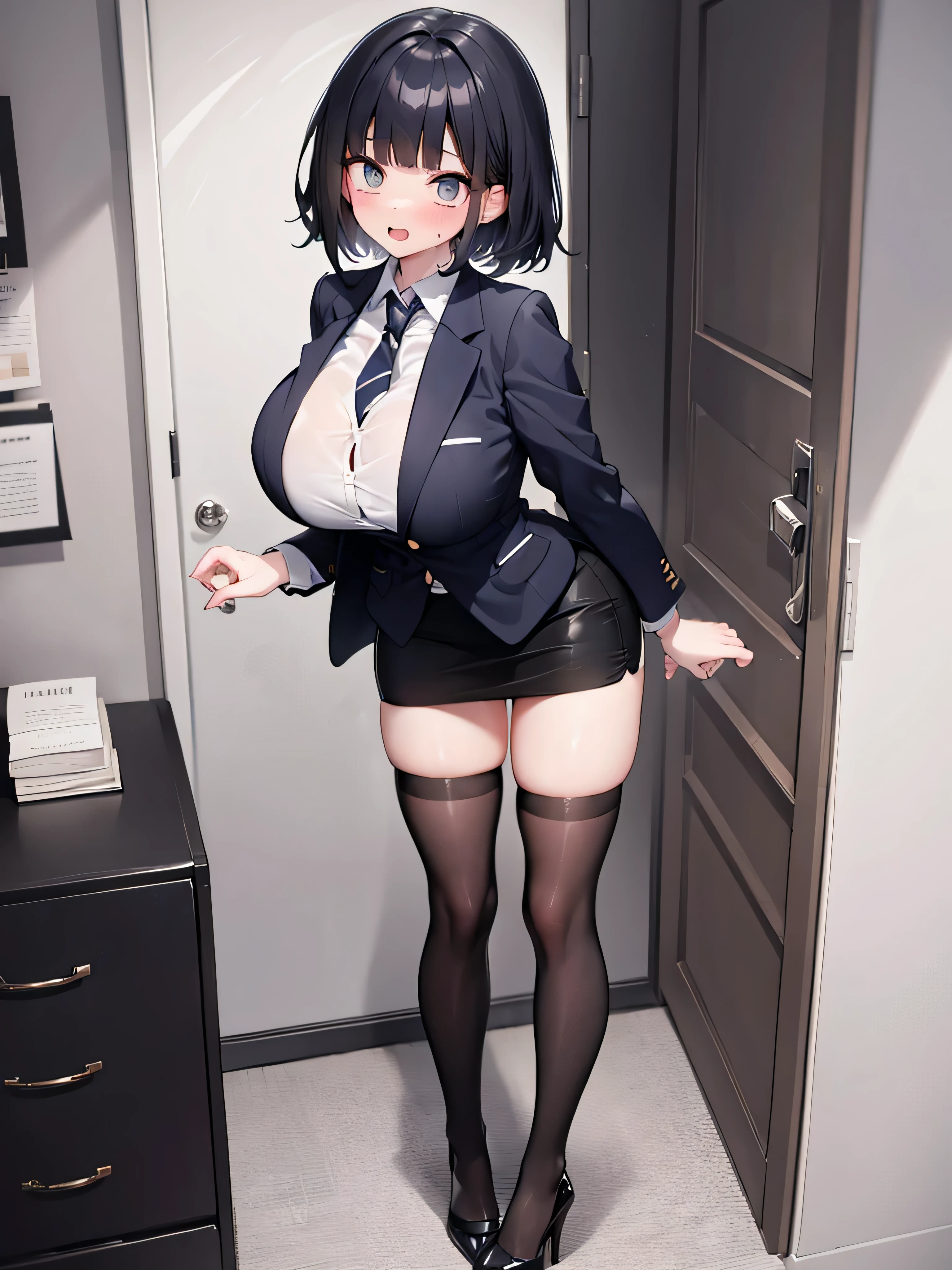 (solo 1 very skinny girl standing in office:1.3), (swaying back), (arms behind back), (business suits:1.3), black blazer over white dress shirts, blazer with closing chest, (bursting gigantic huge breasts:1.2), necktie, (inconceivably narrow waist:1.²), too short black skirt, thigh gap, highheels, nose blush, perfect anatomy, orgasm