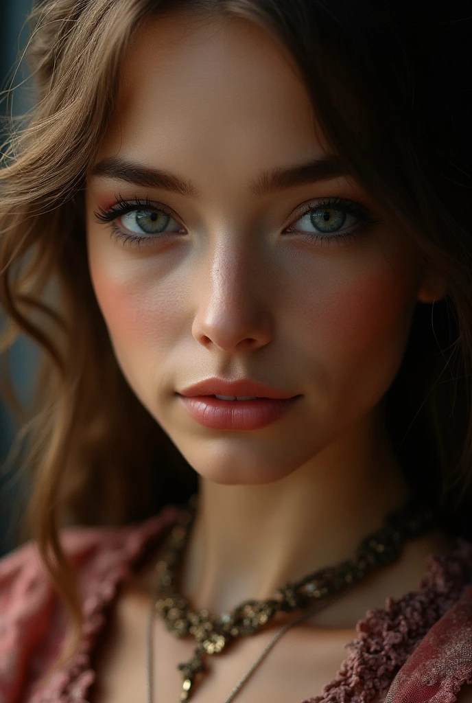 <lora:sarah_jones:1> sarah jones woman  Realistic 8K portrait: A young Smiling Freckles brunette, green eyes, wind-blown long hair, pearl necklace; dramatic lighting, cinematic colors; hyper-above