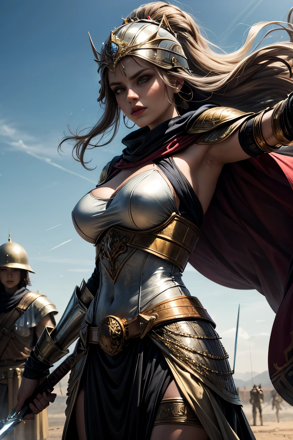 Depict Queen Zenobia of Palmyra in a battle-ready attire on the battlefield. She wears a fitted, armored tunic made of reinforced leather, intricately designed with gold accents and symbols of her royal lineage. Her arms are protected by ornate bracers, and she has a flowing cape that billows behind her, displaying the colors of her kingdom. Zenobia wields a beautifully crafted sword with a jeweled hilt, radiating power and authority. Her helmet features elegant designs, framing her determined face, and her long hair flows freely beneath it. Surrounding her are the chaotic elements of battle, with soldiers clashing and the dust of the battlefield swirling, emphasizing her fierce leadership and bravery in the heat of combat.