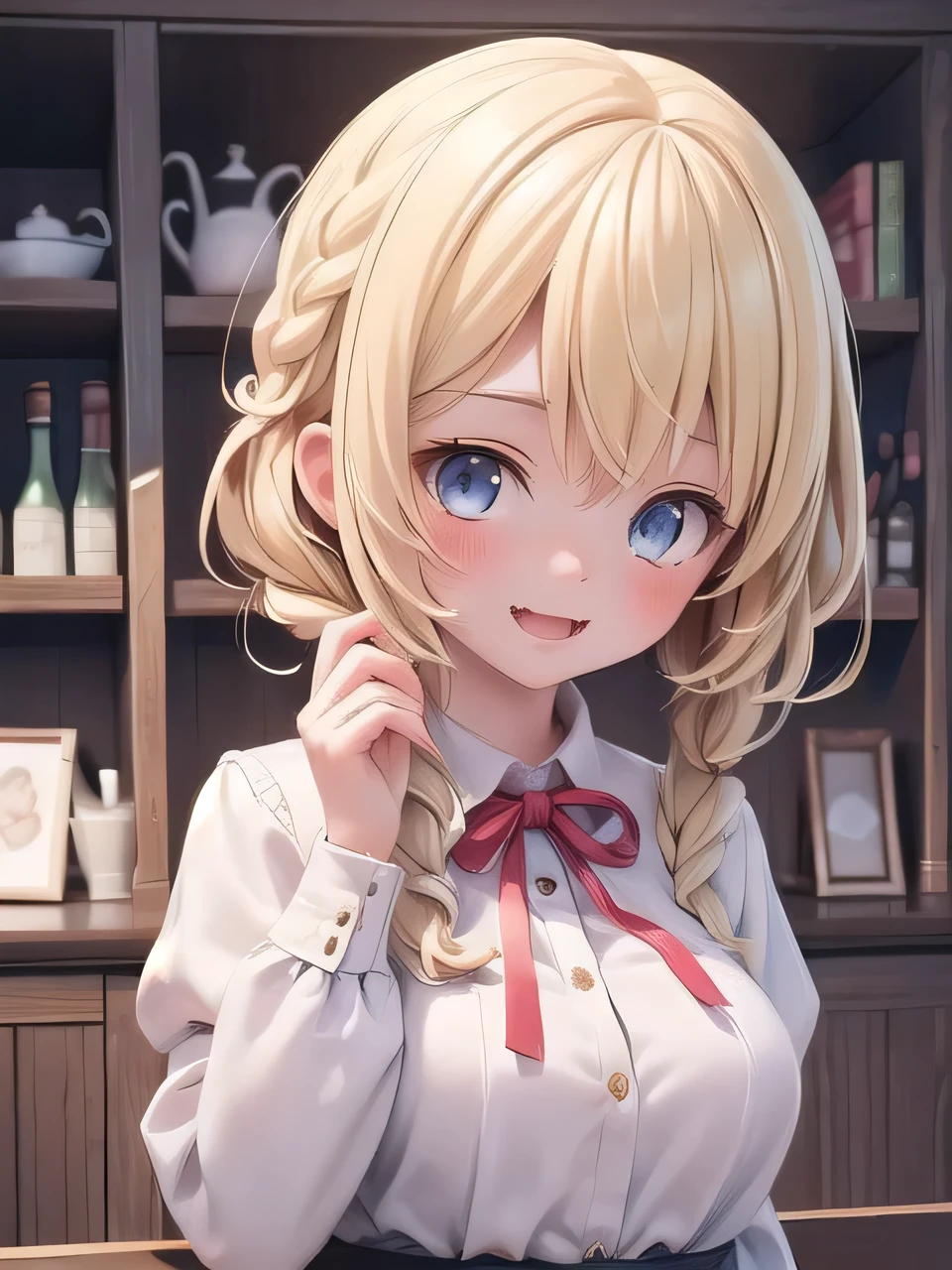 (((masterpiece))), (((Best Quality))), ((Super detailed)), (Illustration), (( very delicate and beautiful)), (( Super Detailed )), (( high definition)), (( one girl playing pranks)),( upper body),(blonde hair),middle hair,(braid),( white blouse, red ribbon),Blue Eyes