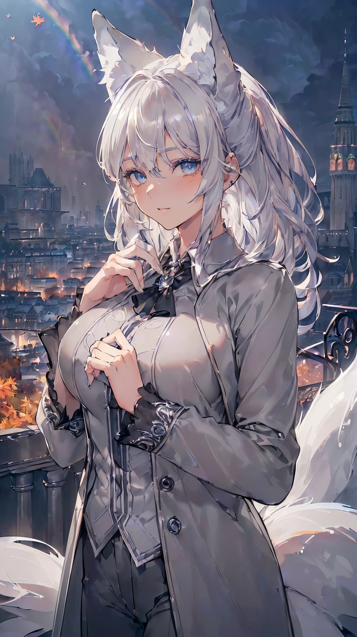 (masterpiece, best quality:1.2),1 Girl, Upper Body,Tail, large Tail, White hair, Very long hair, curls, Gray eyes, deTailed eyes, Colorful hair, ring, Bead necklace, Animal ears, Leopard ears, Black cape, White Dress, - Hip vents, Pelvic Curtain, Grey knee-length socks, snow, snow mountains, snowstorm, Volumetric Lighting, Subsurface scattering, light, Chiaroscuro, Flowing hair, Place your hands on your chest