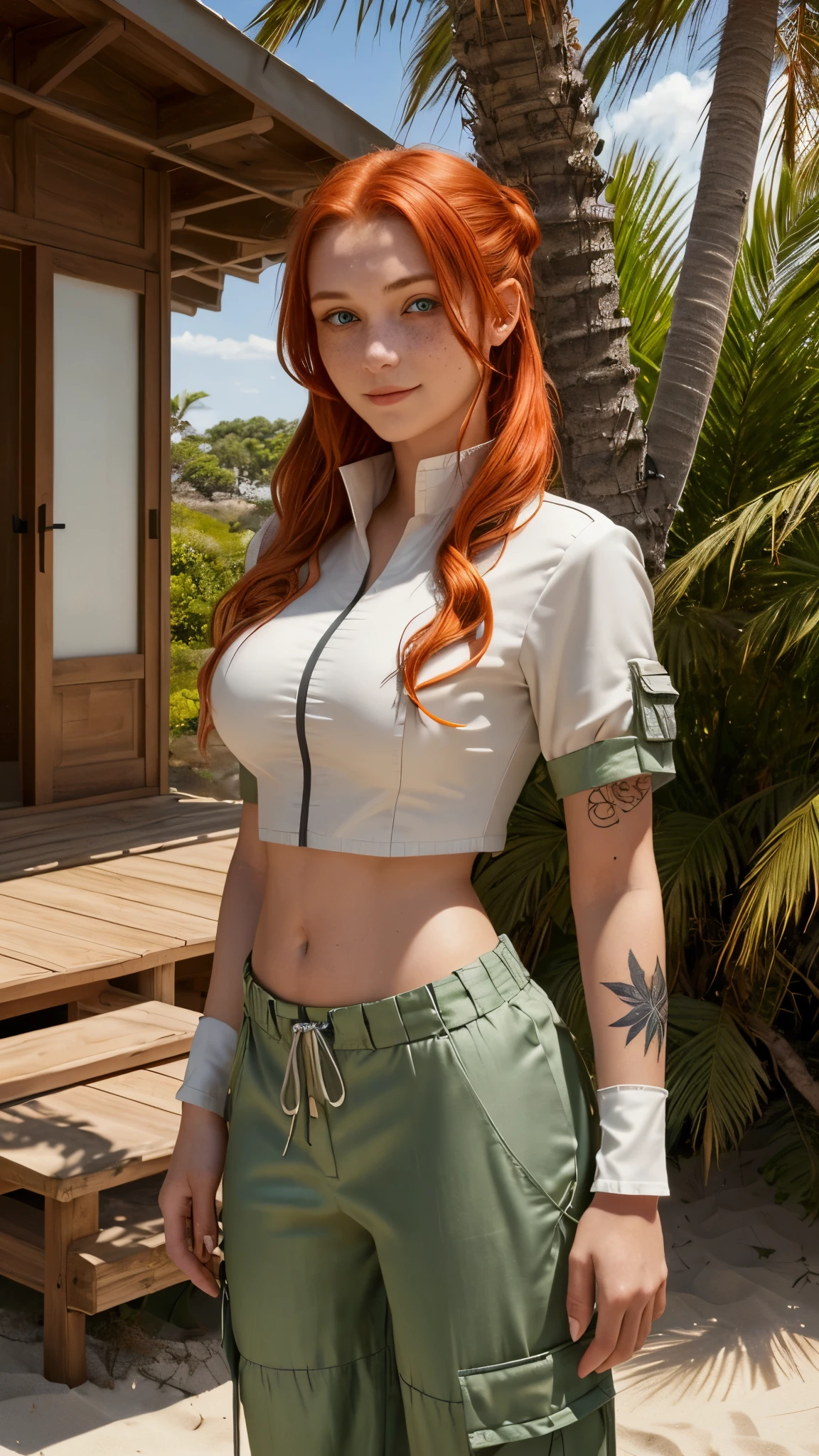 make a red-haired woman dressed in cosplay as realistic as possible