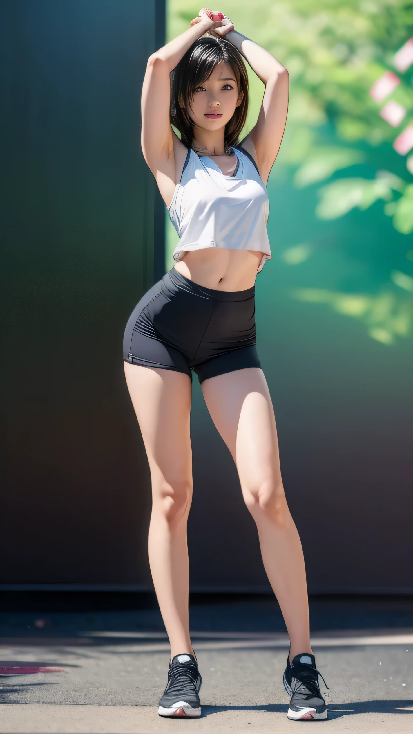 (16k, ultra high res, best quality, high quality, masterpiece:1.3), (a professional photo of girl), RAW photo, realistic illustration, (ultra detailed eyes and face), (ultra detailed beautiful skin),(Photos above the ankle:1.4), BREAK, solo photo, 1girl, standing, 25yo, beautiful, Petite facial features, Super Detail Beautiful Natural Skin, natural makeup, closed mouth, (brown hair), short hair, asymmetrical bangs, evil smile, narrow waist, slender, (wide hips:1.2), araffe woman in a white top and tight black bike shorts, photorealistic perfect body, beautiful japanese woman, standing, gorgeous young japanese woman, perfect body, wearing loose shirt, tight bike shorts, beautiful asian girl, attractive body, gorgeous model, realistic shaded perfect body, wearing simple clothes, loose T-shirt, low rise bike shorts, detailed abs, beautiful navel, cleavage, big breasts, she is very sexy, outdoor grass park,