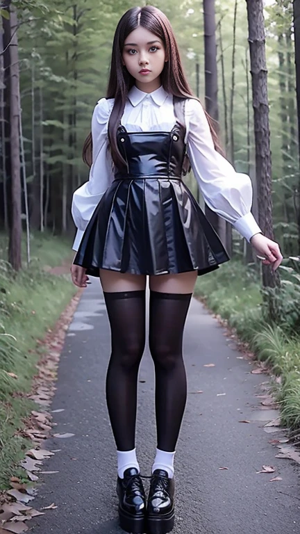 Full body, Mean beautiful young schoolgirl , beautiful teen face, short black leather skater pinafore, a teen girl wearing in a short black silk pleated pinafore, silk pleated skirt, wearing in a white blouse, with short puffy sleeves, puffy sleeves. red silk tie, brunet long straight hair, beautiful eyes, black stockings, sneakers on high platform, Thick Bottom Shoes. girl - standing in the forest, photorealistic , sexy big lips, sad face, perfect long legs, full size body, short black pleated silk pinafore, pleated skater skirt, perfect figure