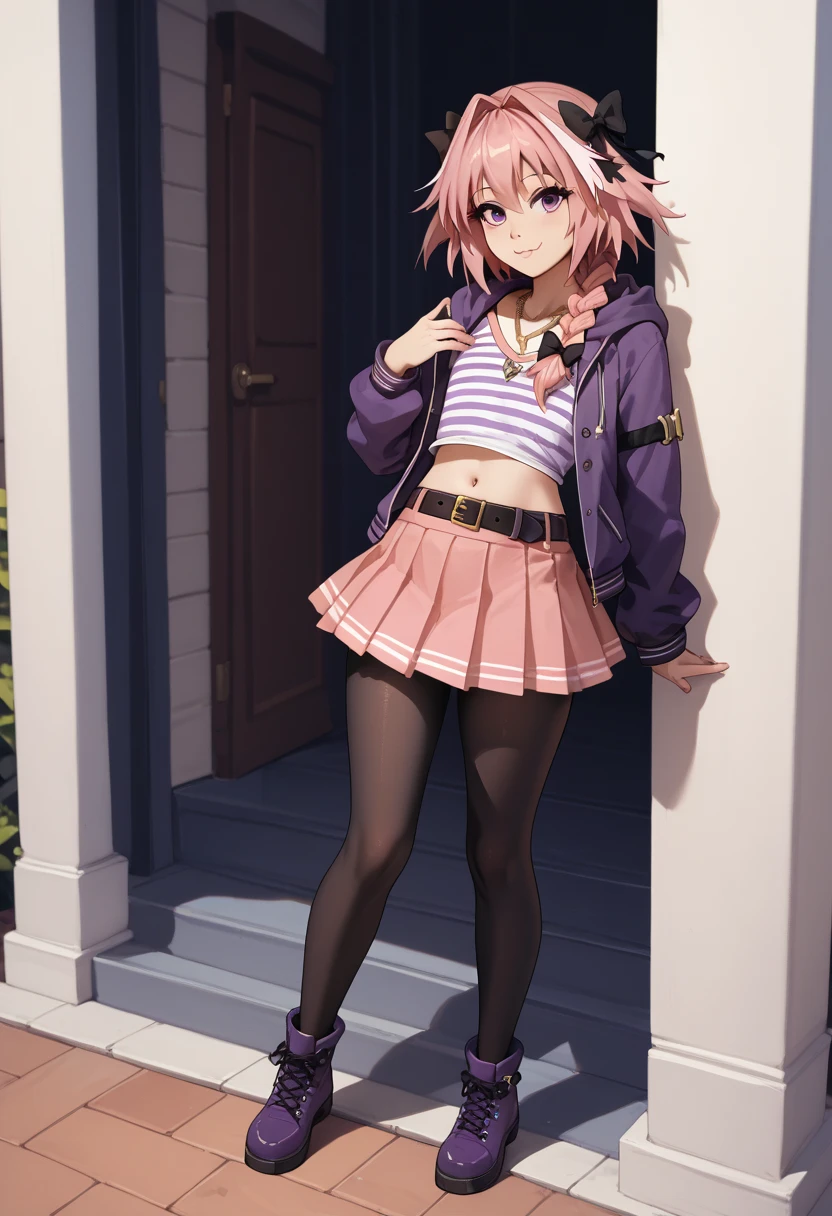 1boy, Astolfo, curvy, femboy, tomgirl, pink hair, single braid, hair bow, hair ribbon, necklace, white-purple striped shirt, hood, jacket, purple jacket, navel, belt, skirt, pantyhose, purple footwear