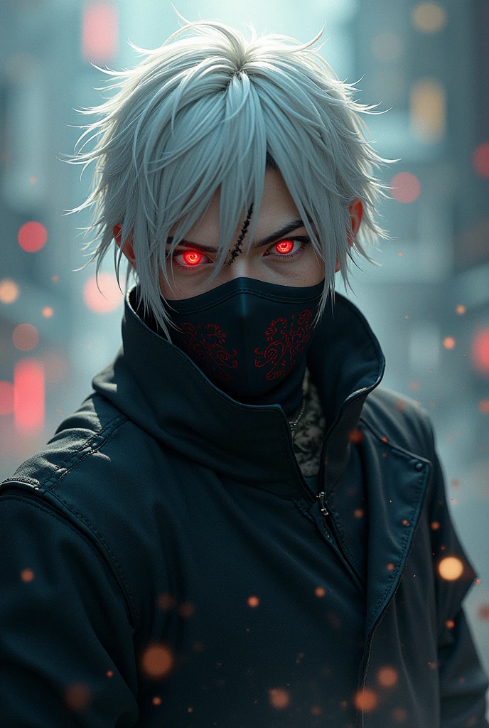 Generate a 16yr boy with white hair, black scarf covering his lower face going down and mouth with dark blood red eyes and he is a black man