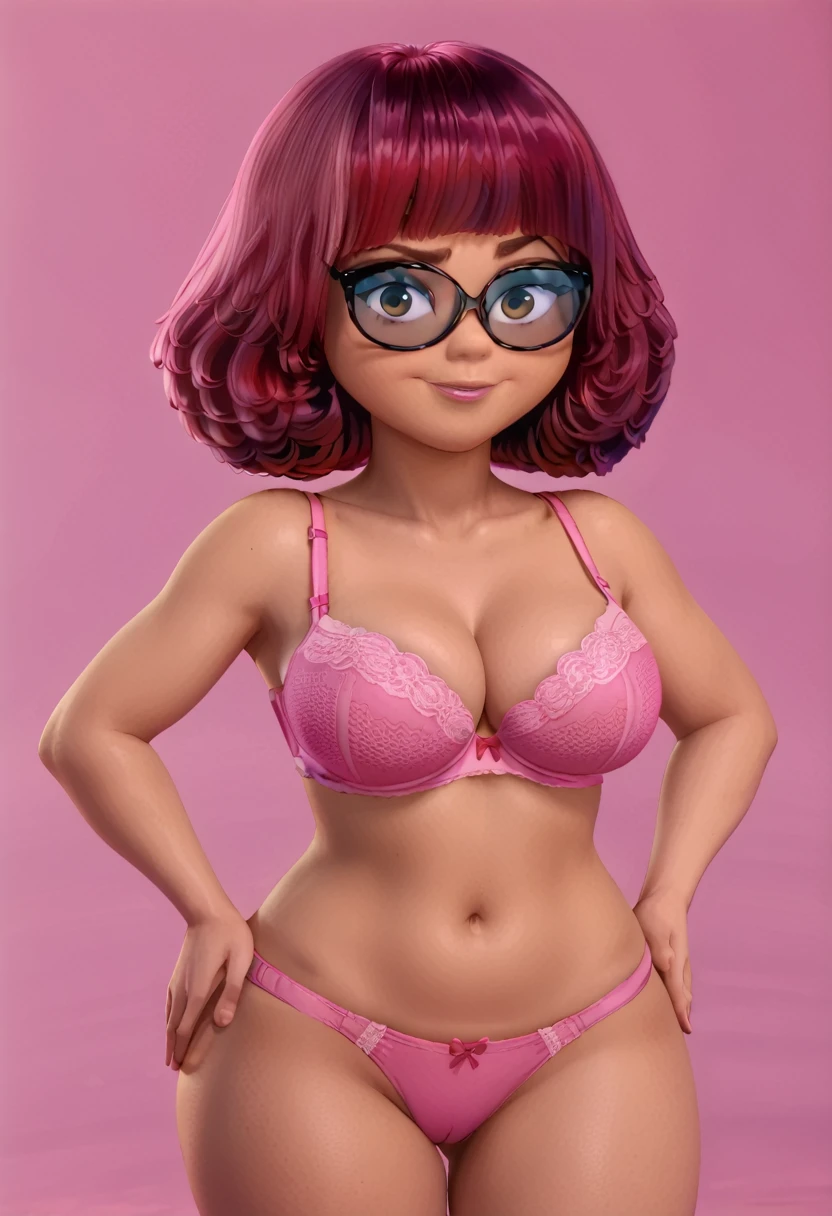 score_9, score_8_up, score_7_up, 1girl, solo, swirl hair, gray hair, gray eyes, glasses, star earrings, 3d, beauty mark, by sofa, seductive smile, aroused, hand on hip, hand on leg, standing, from below, lace black thong, lace black bra, covered nipples, shy, blush, cameltoe, cowboy shot, nude body,