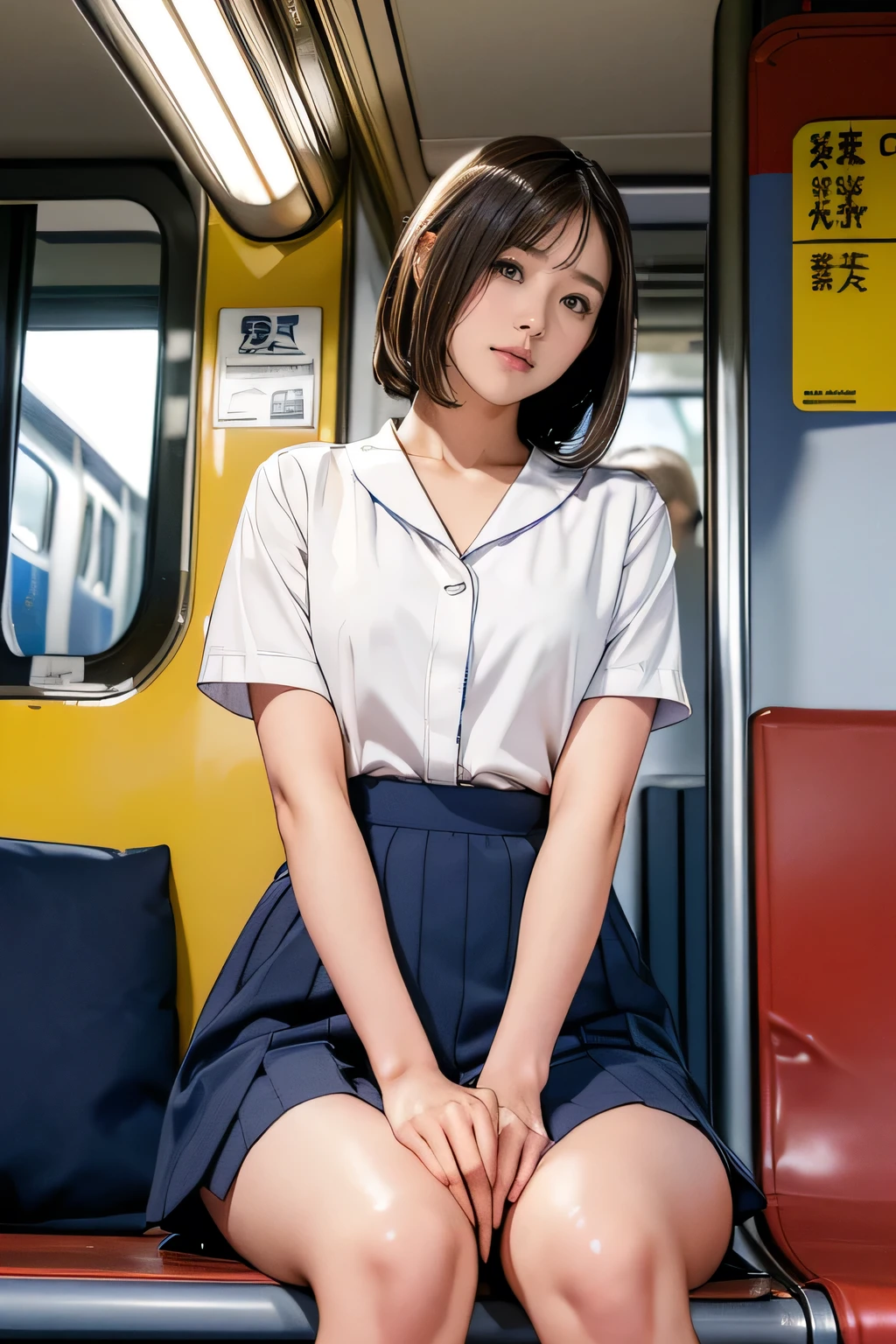 highest quality, masterpiece, Ultra-high resolution, (Reality: 1.4), Original photo, One girl, japanese girl, , mature, White JK Uniform, happy smile, short hair, gigantic bust, curvy body, button gap:1.35, sitting on seat in train, open legs, skirt lift, Cinema Lighting, Landscape sheet, The view from the train window