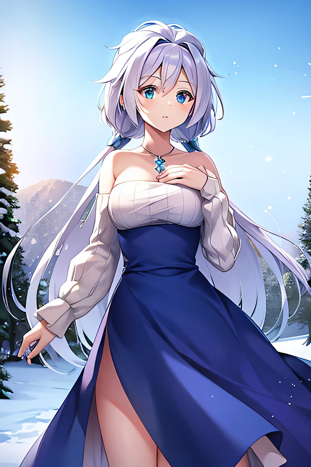 (1Girl, full-body, front side, masterpiece, high quality, highly detailed, 8k,), (Puffy breasts, breasts-type:Puffy, Larger areola, giving a distinct look, (wearing Ruffled velvet dress), (winter theme, winter background). ((SFW, sfw))