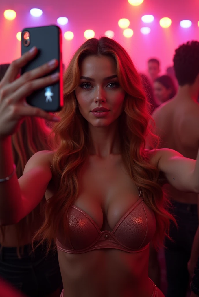 22 year old Brazilian redhead in a white bra and denim shorts taking a photo in the mirror with an iPhone 15 in the club