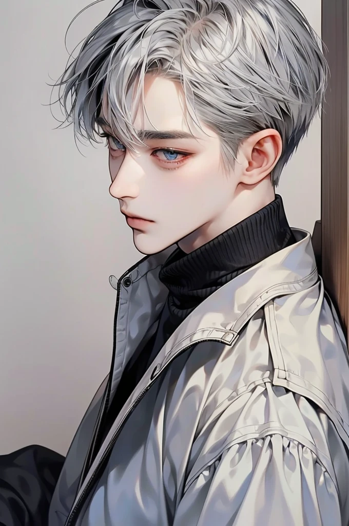 masterpiece, best quality, Detailed Eyes, high quaility, 1 male, male, 1 boy, gentle, soft, handsome, tall,  gray colored hair, gary colored eyes, a hadsome man, Korean man, Adult male, cool man、Tall, ((현진이랑 얼굴 비슷함))、 undercut, ((짧은 머리)), ((검은색 배경)), ((바른자세)), ((정면 사진))