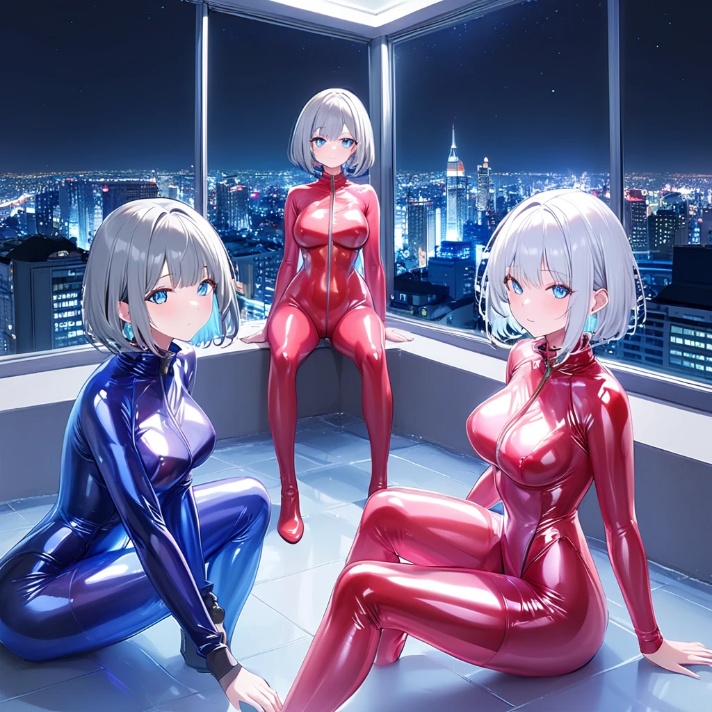 (Multiple girls),(最High image quality, 8k, masterpiece:1.3), (24 years old:1.5), (Grey Hair), ( bob cut ), (Oblique sky blue eyes), ((Full body rubber suit transparent 、 transparent、no zipper 、rubber suit glossy 、Perfect fit、Full body shot、 look at this while sitting、City、Night view)), ([Ultra Clear:1.5), ( shiny skin:1.1),(Pale skin:1.1),High image quality、Clear contours