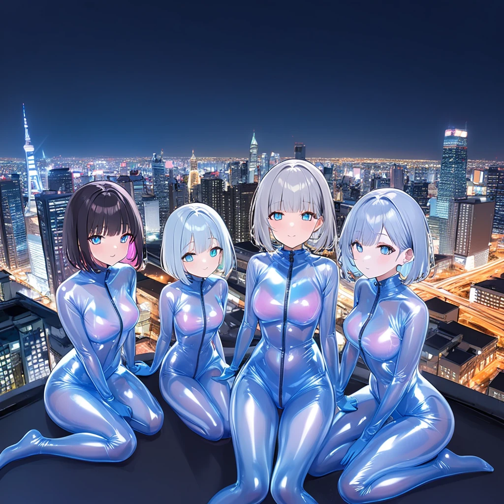 (Multiple girls),(最High image quality, 8k, masterpiece:1.3), (24 years old:1.5), (Grey Hair), ( bob cut ), (Oblique sky blue eyes), ((Full body rubber suit transparent 、 transparent、no zipper 、rubber suit glossy 、Perfect fit、Full body shot、 look at this while sitting、City、Night view)), ([Ultra Clear:1.5), ( shiny skin:1.1),(Pale skin:1.1),High image quality、Clear contours