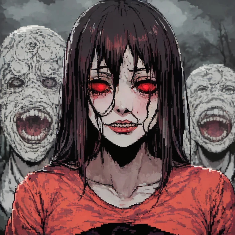 (make pixelart:1.1), surreal horror , Anime style,  director Junji Ito , high contrast, bright colors,  ominous atmosphere ,  psychological stress ,  complex linear work, severed heads 