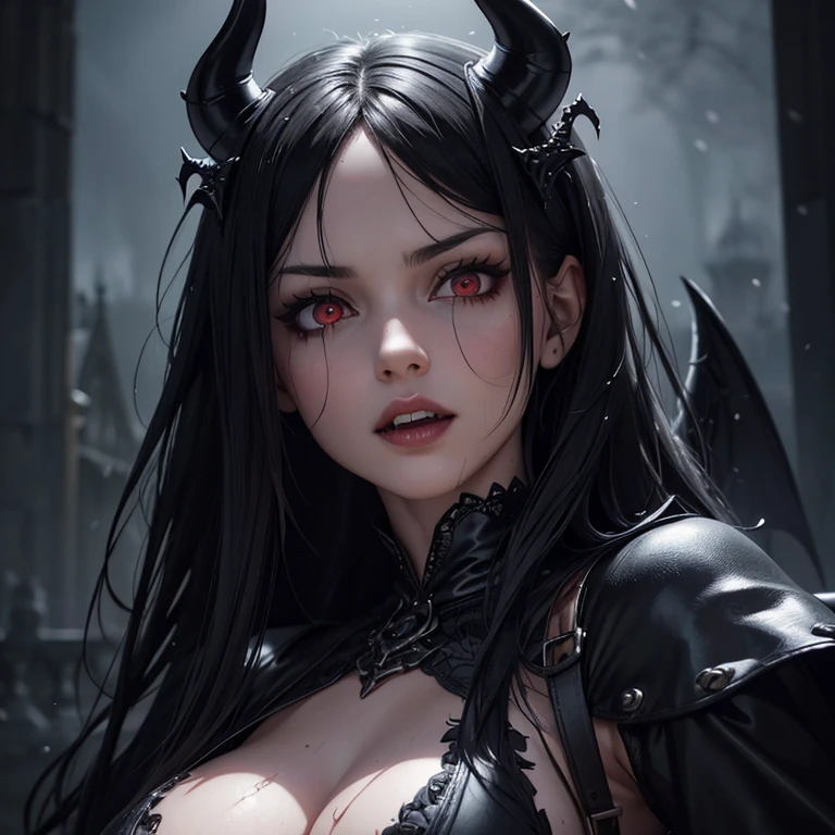 very pretty succubus, blue eyes, black horns, in stone chamber