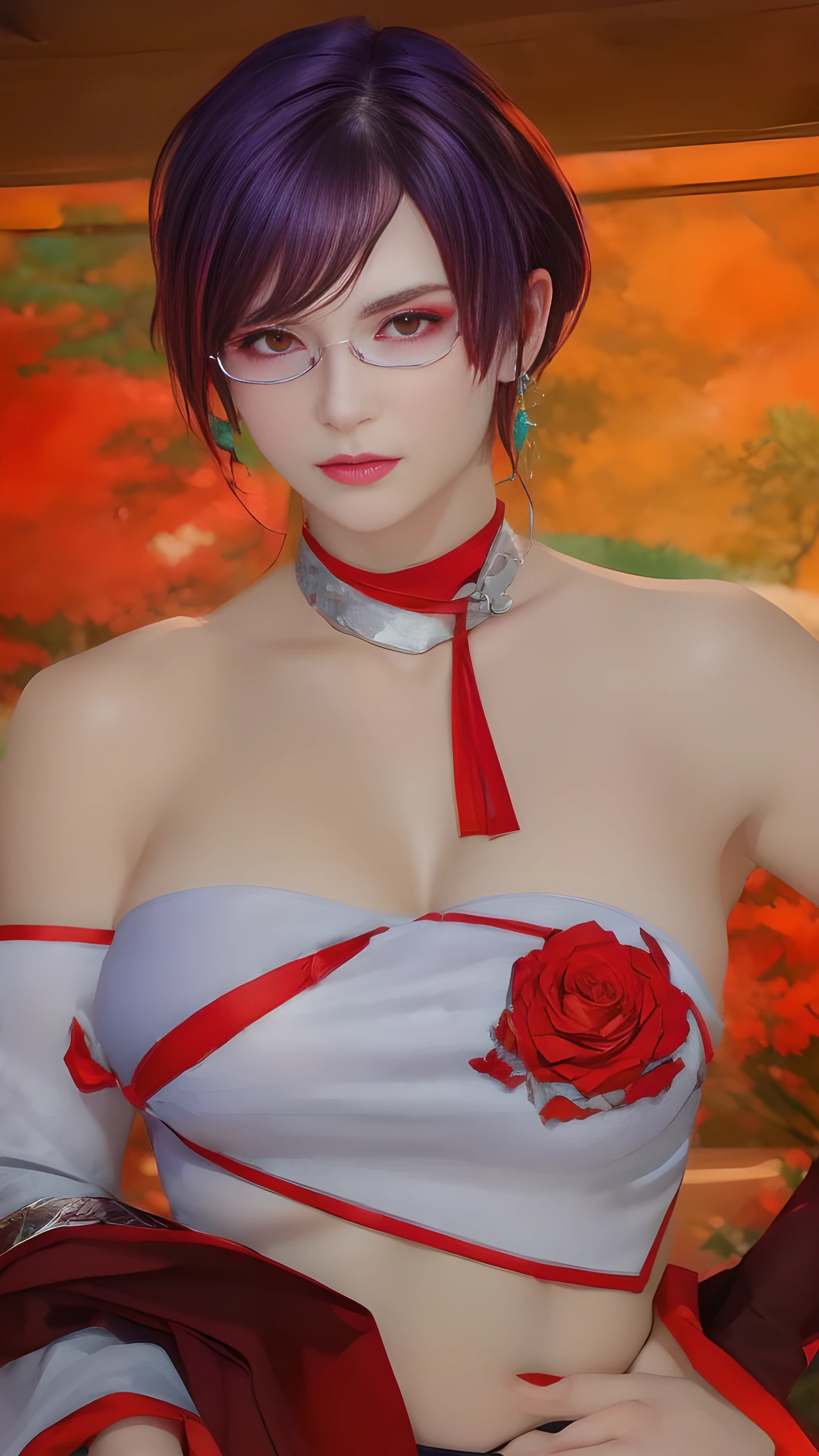 there is a woman with tank top and a red rose ornament on her chest, white glasses, full body!! maximalist details, wearing a sexy cropped top, close up half body shot, cyberpunk style outfit, cinematic outfit photo, jrpg fashion, full body close-up shot, fantasy outfit, red-purple hair color, short hair, red eye shadow makeup, close up half body shot, full body close-up shot, upper body close up, scales on her chest, heavy gesture style closeup, upper body close - up, detailed upper body, scales covering her chest, highly detailed upper body, full body shot close up, high texture detail), intriguing details, female roegadyn from Final Fantasy 14, (best quality), (best shade), ((erotic, Sexy), ultra high resolution, HD CG unified 8K wallpaper, Physically based rendering, movie lighting),