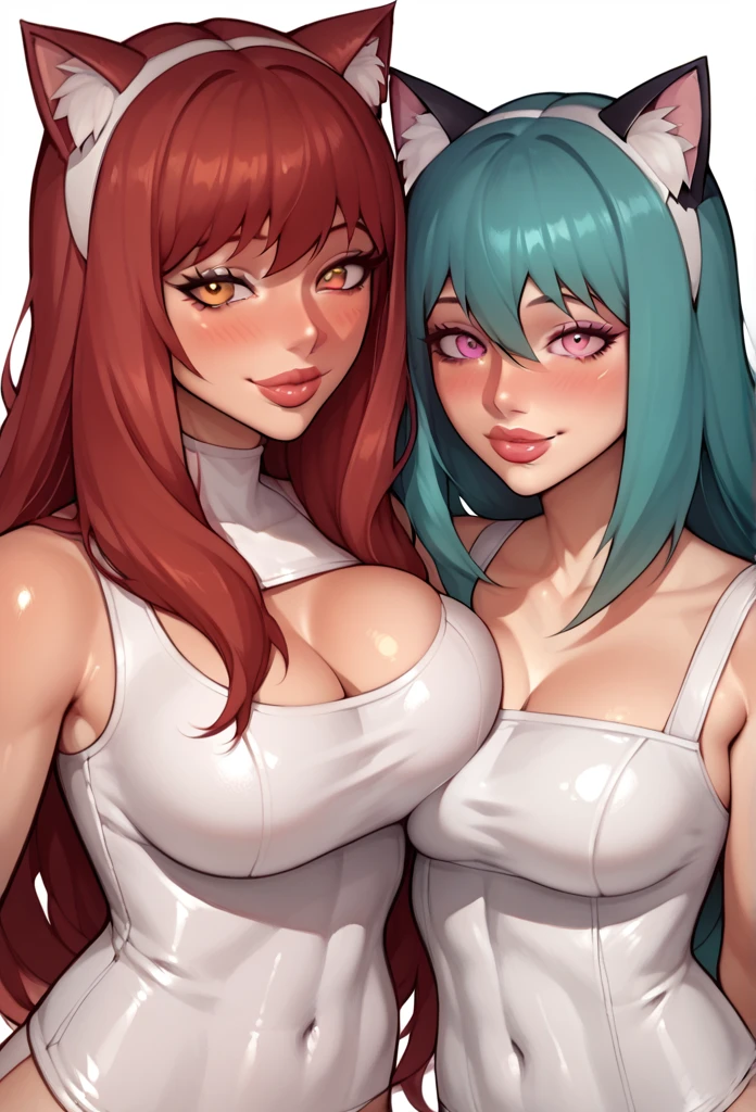 2girls , duo, lesbians, cat girls,  fluffy cat ears, one girl with blue teal hair and orange eyes, one girl with maroon red hair and pink eyes, long hair, large breasts, long eyelashes, mature, (bimbo, big plump lips) shiny skin, wispy bangs, naughty look, anime girls, plain white background, fluffy cat animal ears, soft smile, blush, latex