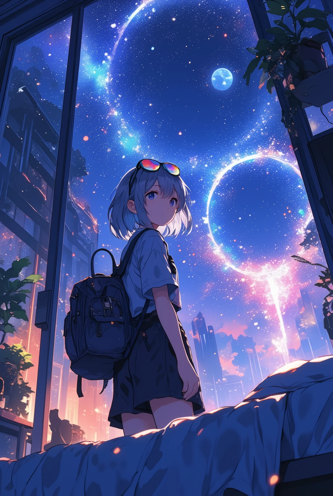 anime artwork, front view, a girl with silver hair and colorful sunglasses on her head turn her back looking at viewer, she carry a backpack, take place inside modern bedroom at night, there is a portal to another world open in her room