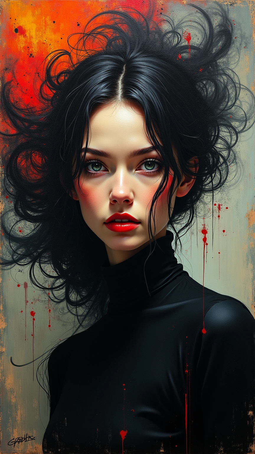 (best quality,4k,8k,highres,masterpiece:1.2),ultra-detailed,(realistic,photorealistic,photo-realistic:1.37),girl with long black hair,naked,dripping liquid,kisses a big strong demon,(gloomy,dark,ominous) room,satanic star painted on the floor,(mysterious,flickering,candlelit) lighting,a cat,smoke,fog , artwork by David Mack, vivid colors, intricate details, oil.