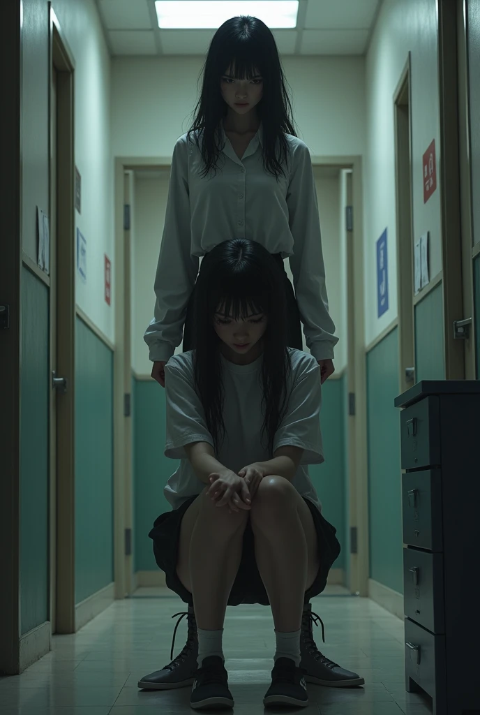 Schoolgirl scene in white thigh high socks, hanged ,hovering in the air , a man sitting on the ground in panic