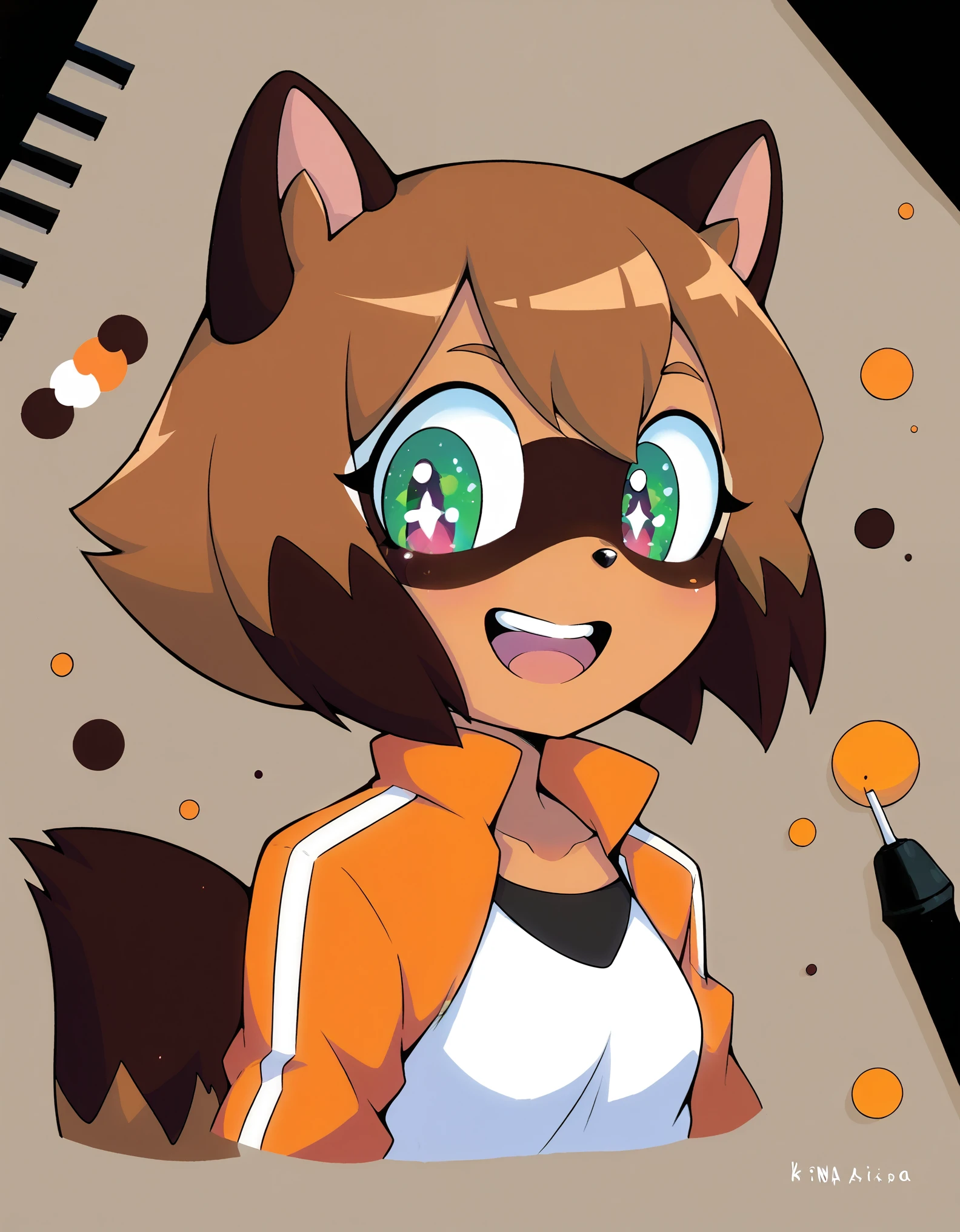 score_9, score_8_up, score_7_up, Akami Mira, solo, c0l0urgl0w, Michiru Kagemori (bna), Raccoon with orange brown dark-brown and white color palette