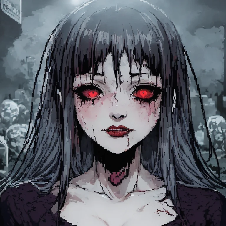 (make pixelart:1.1), surreal horror , Anime style,  high contrast, bright colors,  ominous atmosphere ,  psychological stress ,  complex linear work, severed heads , Scars on the face, Mascara smudges, Drain subculture girl