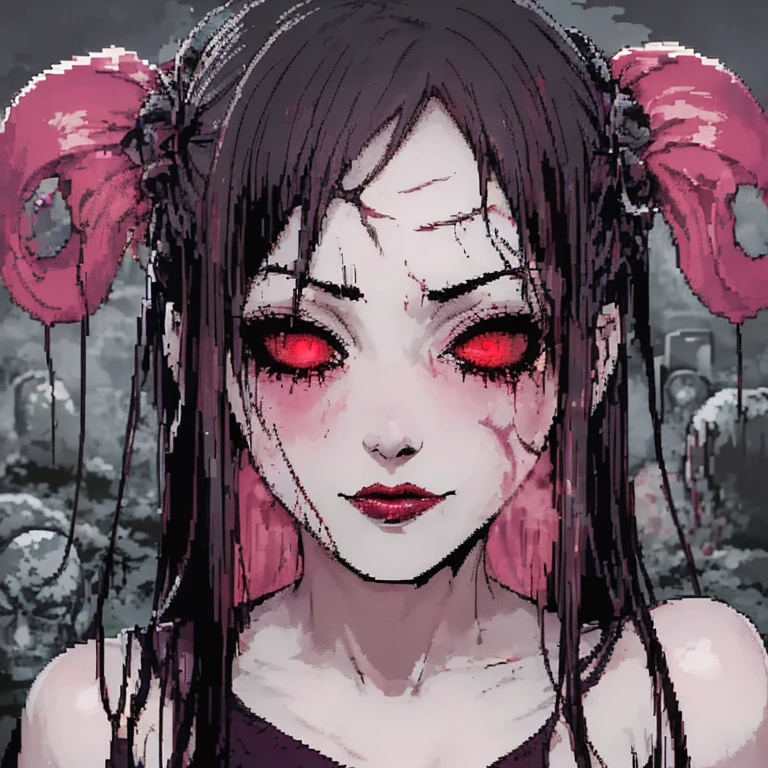 (make pixelart:1.1), surreal horror , Anime style,  high contrast, bright colors,  ominous atmosphere ,  psychological stress ,  complex linear work, severed heads , Scars on the face, Mascara smudges, Drain subculture girl