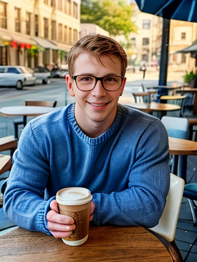 looking at viewer, upper body, white male, messy brown hair, round glasses, navy blue sweater, cafe, outside, light-hearted expression, table, coffee cup