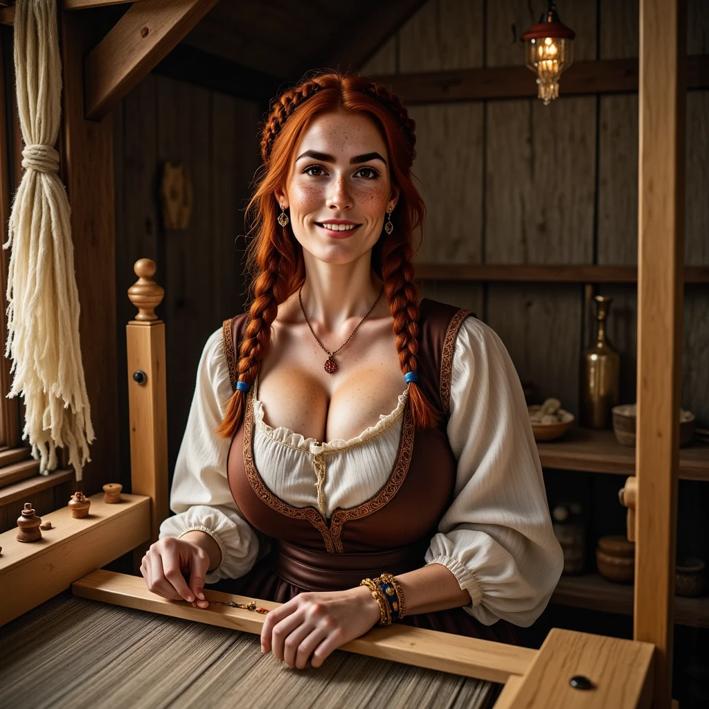 Photorealistic, cinematic style, a picture of a beautiful British woman dressed as a medieval peasant woman.  She's sitting by the loom and weaving fabric. Hand crafter. Smiling.  She's got brown eyes, downturned eye shape, light skin and freckles, long reddish-brown hair, braided hairstyle. A humble peasant cottage.  perfect hand,HDR, intricate details , 