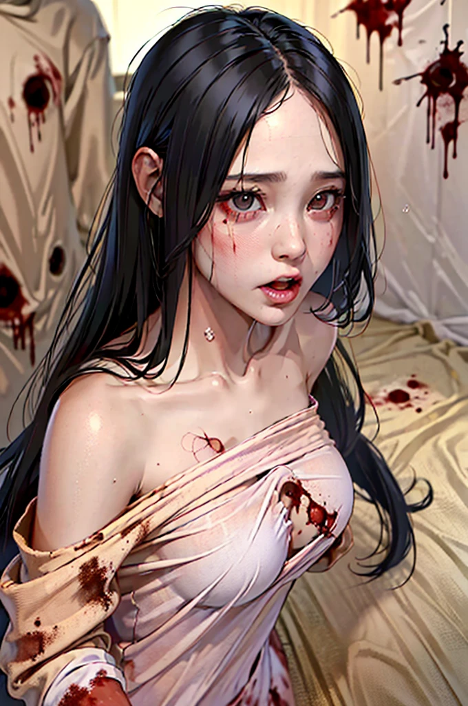 best quality, masterpiece, highly detailed,1girl, ((rose)), (vine), cage, bandage, red rope, (detail light), falling rose petals, Boa Hancock, , (masterpiece:1.5), Detailed Photo, Smiling, Sexy, (8K, Best Quality: 1.4), (1girl), Beautiful Face, (anime realistic Face), (Black Hair, long Hair: 1.3), Beautiful Hairstyle, Realistic eyes, beautiful detail eyes, (white skin), beautiful skin, absurd, attractive, ultra high resolution, ultra realistic, high definition, golden ratio, (sexually aroused:1.5), Pinkish white skin, cool white light, sexy pose, Beautiful , white background, pink soft white light, Wear a white dress, sexy, black lace bra, (zombie girl:1.4), (breeding:1.6), (cute dead girl:1.5), (deadly eyes:1.8), (Eyes without sparkle1.7), pale skin, dead body, no life, (lifeless:1.5), (Wounds on the body:1.6), (dribbling:1.5), (red blood on body:1.3), (Bruise on the body:1.4), (nsfw:1.2)