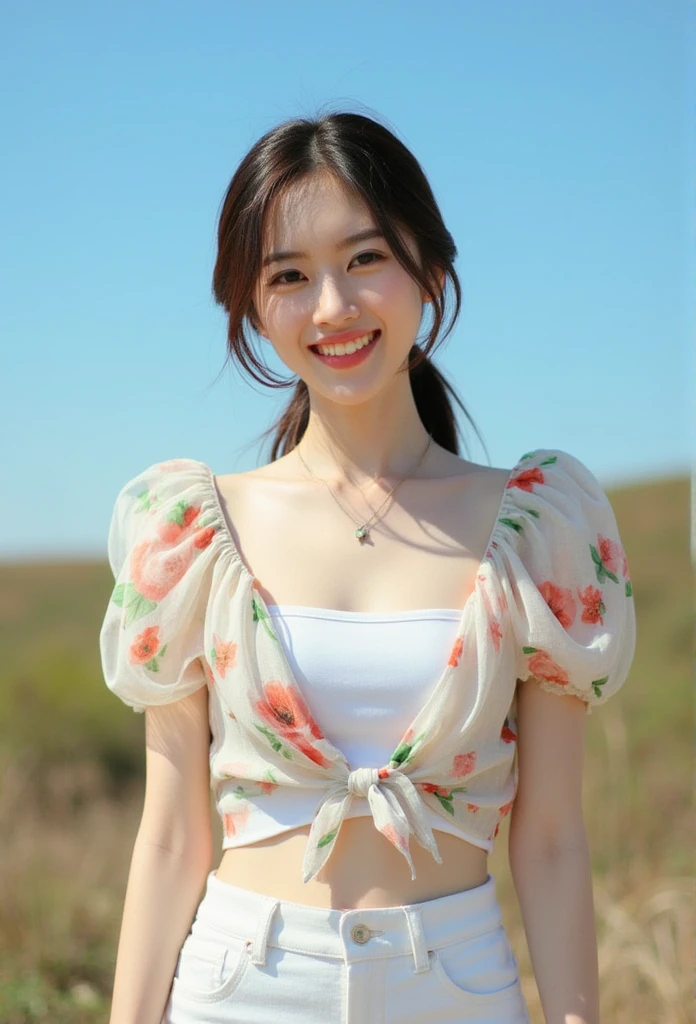 (((Masterpiece))), ((photography)), realistic, 8k, A young woman with a bright smile, wearing a lightweight, floral-patterned blouse with layered, puffy sleeves over a white crop top and white pants. She stands outdoors under a clear blue sky, exuding a cheerful and optimistic vibe. Her hair is loosely tied back, with a few strands framing her face naturally. She accessorizes with delicate necklaces, completing a fresh, youthful, and sunny look. The overall setting is bright and lively, evoking a warm, joyful summer day