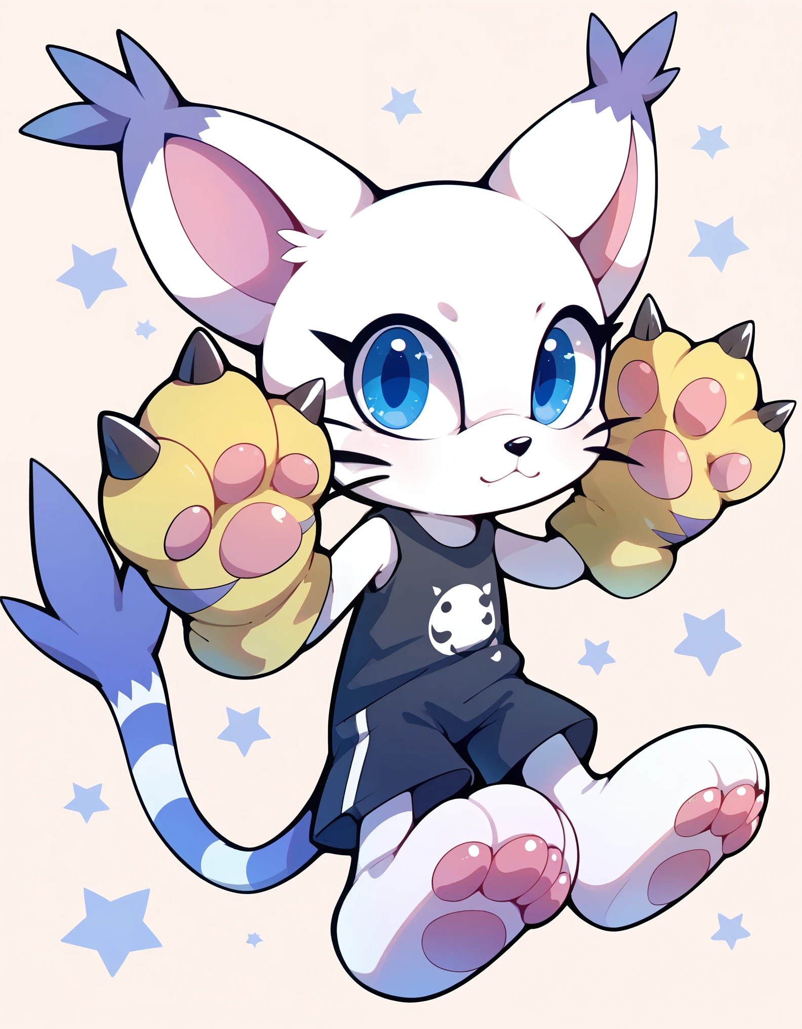 score_9, score_8_up, score_7_up,  gatomon, feral, (digimon), solo, looking at viewer, blue eyes, white fur, striped tail, gloves, paw gloves, pawpads,,