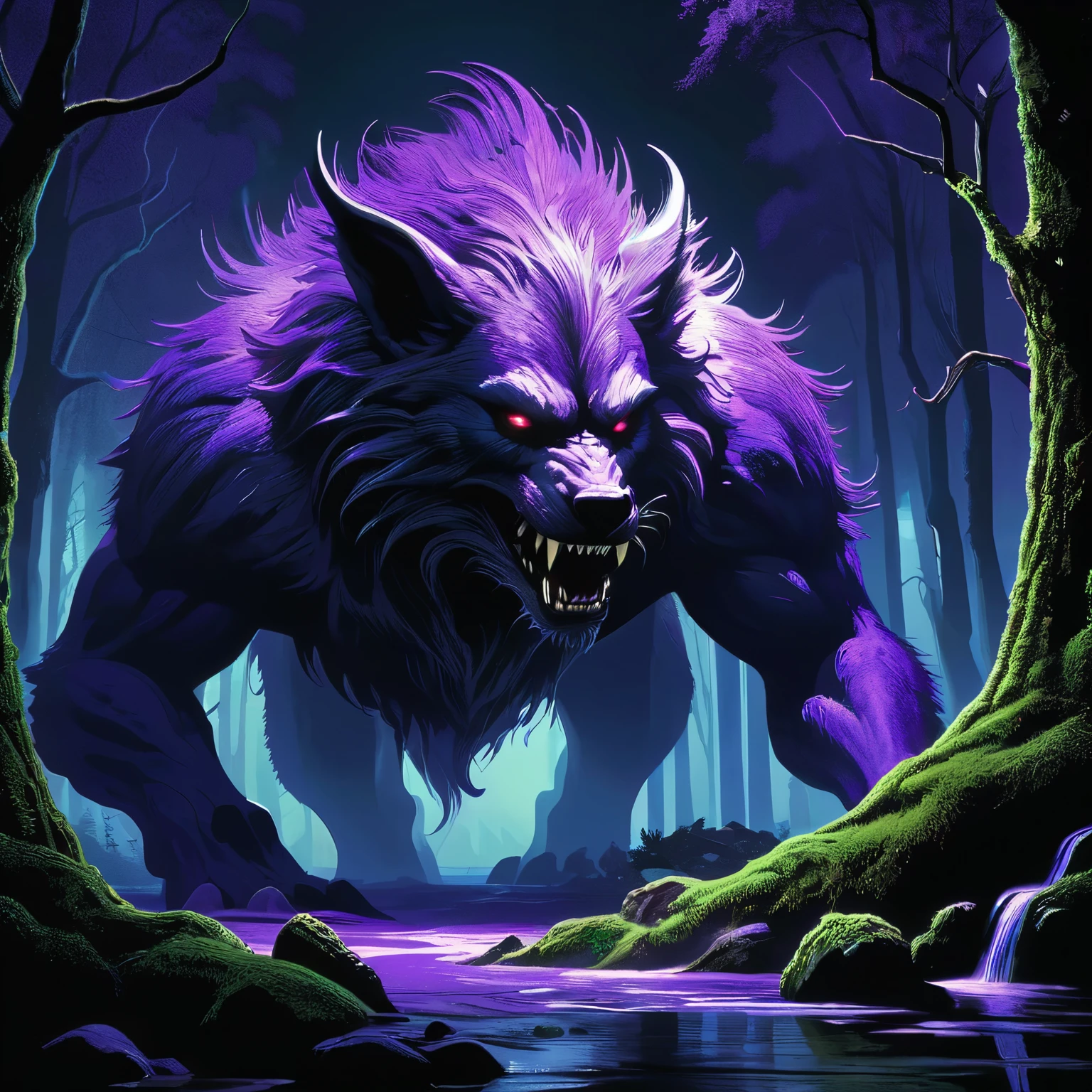 Visualize a werewolf lurking in the shadows of a medieval dark fantasy realm, its fur a deep, eerie shade of purple that seems to absorb light rather than reflect it. The werewolf's eyes gleam with a malevolent purple aura, glowing faintly in the darkness as it prowls through dense, twisted forests where gnarled trees loom like silent sentinels.

Its form is massive and powerful, muscles rippling beneath its fur-covered frame, hinting at the deadly strength and agility that lies within. Long claws extend from its paw-like hands, glinting ominously in the moonlight that filters through the canopy above. Fangs protrude from its snarling maw, dripping with saliva that glistens with a faint purple hue.

Around the werewolf, the air is heavy with the scent of damp earth and the sharp tang of coppery blood, mingling with the haunting melodies of nocturnal creatures that echo through the darkness. Moonbeams cast surreal patterns on the forest floor, illuminating patches of eerie bioluminescent fungi and ancient, moss-covered ruins.

Capture the savage and mysterious allure of this werewolf with a dark fantasy purple aura, embodying the primal instincts and feral nature that roam the medieval dark fantasy realm under the veil of night.