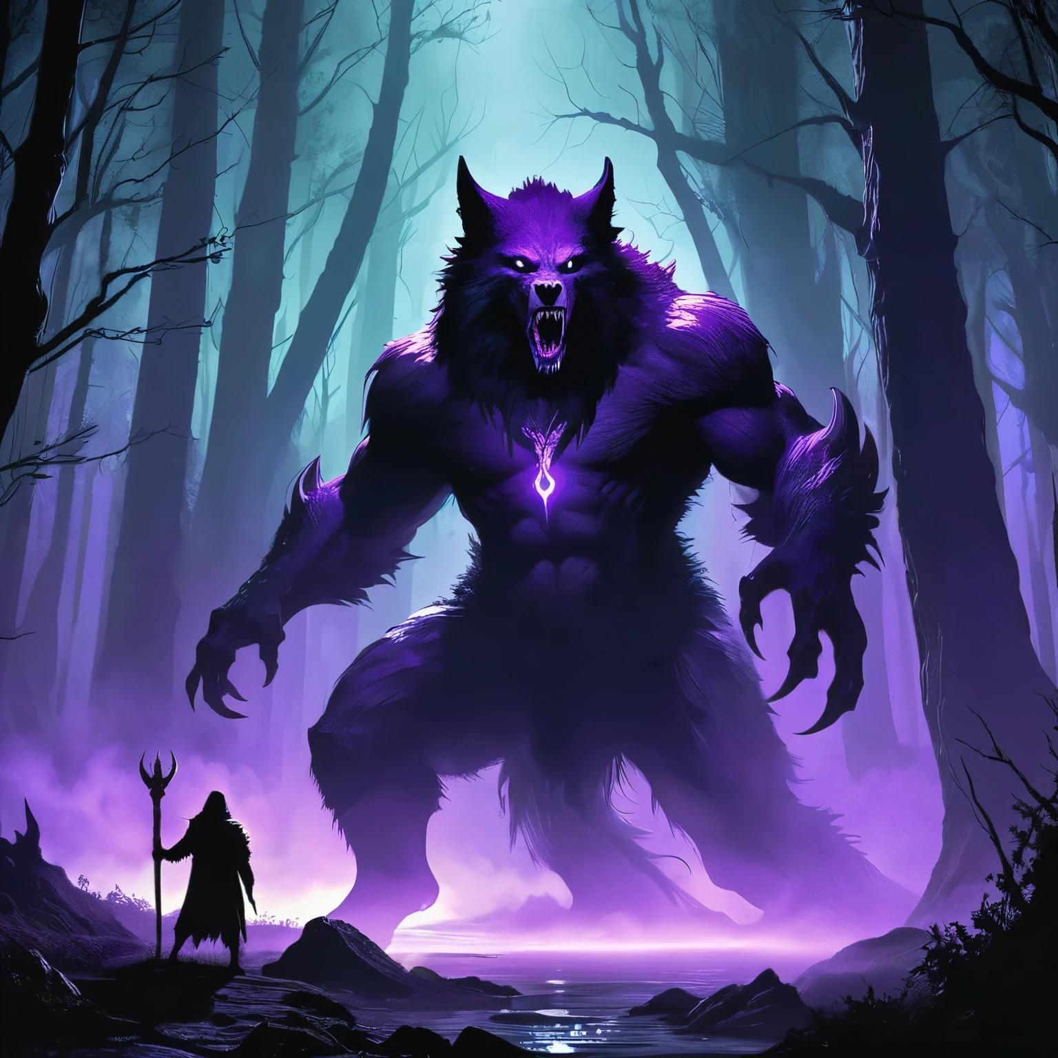 Visualize a werewolf lurking in the shadows of a medieval dark fantasy realm, its fur a deep, eerie shade of purple that seems to absorb light rather than reflect it. The werewolf's eyes gleam with a malevolent purple aura, glowing faintly in the darkness as it prowls through dense, twisted forests where gnarled trees loom like silent sentinels.

Its form is massive and powerful, muscles rippling beneath its fur-covered frame, hinting at the deadly strength and agility that lies within. Long claws extend from its paw-like hands, glinting ominously in the moonlight that filters through the canopy above. Fangs protrude from its snarling maw, dripping with saliva that glistens with a faint purple hue.

Around the werewolf, the air is heavy with the scent of damp earth and the sharp tang of coppery blood, mingling with the haunting melodies of nocturnal creatures that echo through the darkness. Moonbeams cast surreal patterns on the forest floor, illuminating patches of eerie bioluminescent fungi and ancient, moss-covered ruins.

Capture the savage and mysterious allure of this werewolf with a dark fantasy purple aura, embodying the primal instincts and feral nature that roam the medieval dark fantasy realm under the veil of night.