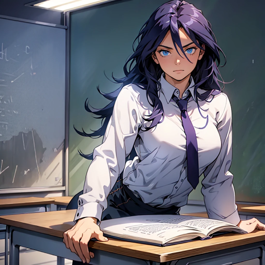 [female, tone] [dark purple long hair, sky blue eyes] [day time] [detail eyes, detail face, detail hand] [alone, leaning on a desk, classroom setting]