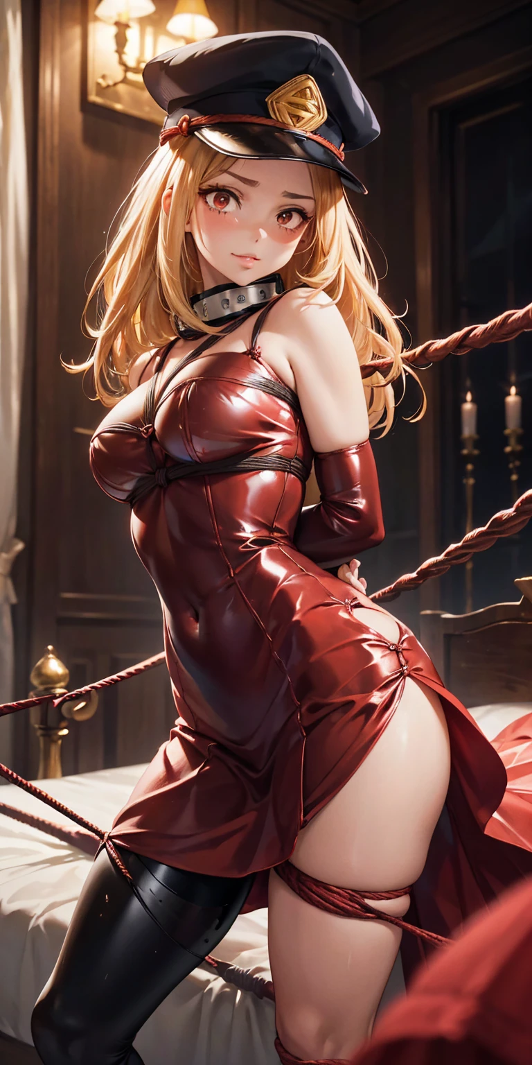 Shiny blond hair, loose hair, very long hair, sophisticated haircut, thin and oval face, very sexy and sophisticated transparent red dress, sexy blue latex suit, sexy black latex catsuit, thighhigh stockings, embarrassed, submissive, nervous smile, cute and blushing 18 years old anime girl, look away because she is embarrassed and blushes, bright blue eyes, detailed face, detailed members, detailed arms, detailed hands, ((((sparkling diamond jewelry)))), tiara, ((makeup)), high heels, puffy sleeves, long gloves, long eyelashes, ((((shiny red transparent dress)))), Girl lying, tied by ropes, shackled, can no longer move, tied tightly, very hard tied up with lots of ropes, hampered by so many ropes that she can no longer move, bound hands and feet, ropes tie his whole body, tied extremely tightly and forcefully to her bed by a lot of ropes, its limbs are strongly tied together by ropes, his torso is tied up with thick cords, her chest is so tied up with ropes that it sticks out, her legs are tied tightly with thick ropes, his hands are tied behind his back with ropes, she can no longer move her feet, her hands which are tied by thick ropes, she desperately tries to free herself, likes to be tied tight with big ropes, likes to be immobilized by big ropes, lying down, his hands and feet are strongly tied to the railing of his bed, his legs are pressed together and tied with ropes, its limbs are held vigorously by imposing ropes, her hands are tied securely behind her back by ropes, her chest is compressed by strong ropes, she is pressed against her bed and restrained by large ropes (shibari, arms behind the back:1.4), (hands on the back), (masterpiece, best quality) 1.5, 1girl, solo, (sexy, beautiful woman, perfect face, perfect eyes, perfect hands), samus aran, black leather dress, kneeling, (shibari, arms behind the back:1.4), (hands on the back), Spread the legs, s&#39;lie in bed by big ropes