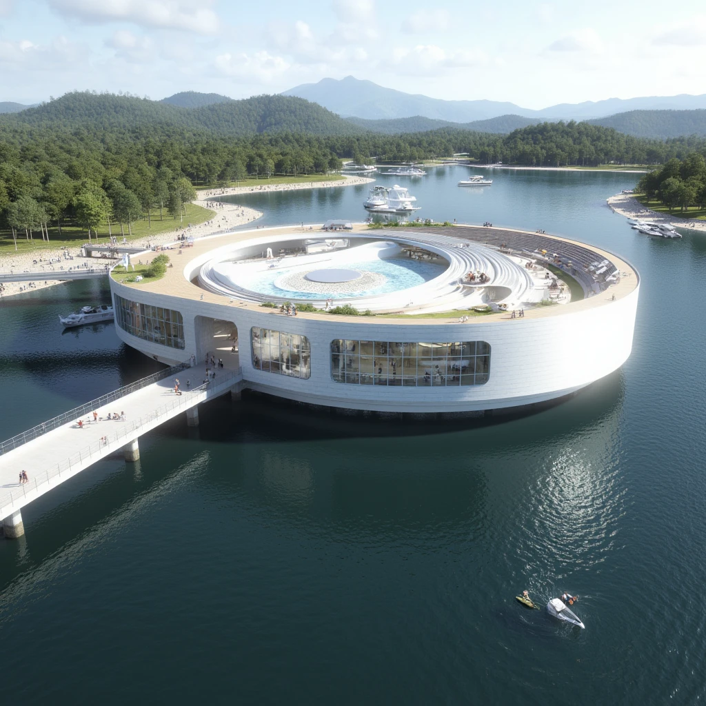 I need a circular-shaped structure over water on stilts that has a bridge 