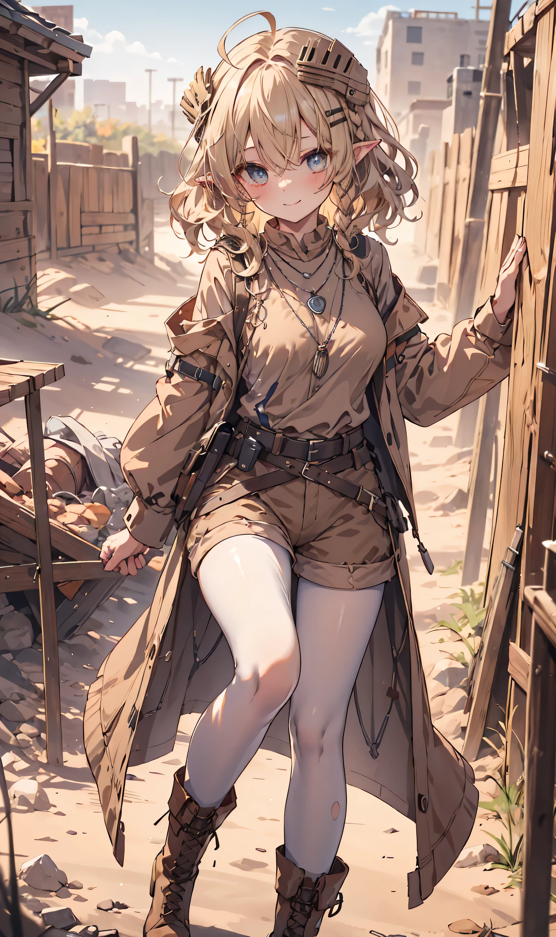 masterpiece, 1 girl, sparrow, a blonde haired girl, wearing a military priestess clothes, curly long hair, messy hair, slim body, he close her left eye, shirt ornament, ruby eyes, ahoge, , long sleeves, beautiful eyes, droopy eyes, her age is 19, nagisa_bluearchive, innocent face, medium hair, seductive smile, curly hair, MongolPunkAI, medium breasts, she tease you, lend a hand to you, she very close to you, rainbow_one, military clothes, brown shorts, crocth tattoo, necklace, innocent smile, brown clothes, brown shirt, boots, braid hair, white pantyhose, braid hair, helmet, pointy ears, flintlock