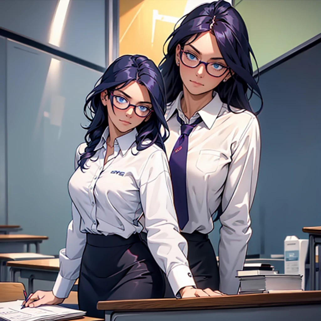 [female, tone] [dark purple long hair, sky blue eyes] [red framed glasses, pencil skirt, white blouse] [day time] [detail eyes, detail face, detail hand] [alone, leaning on a desk, classroom setting]