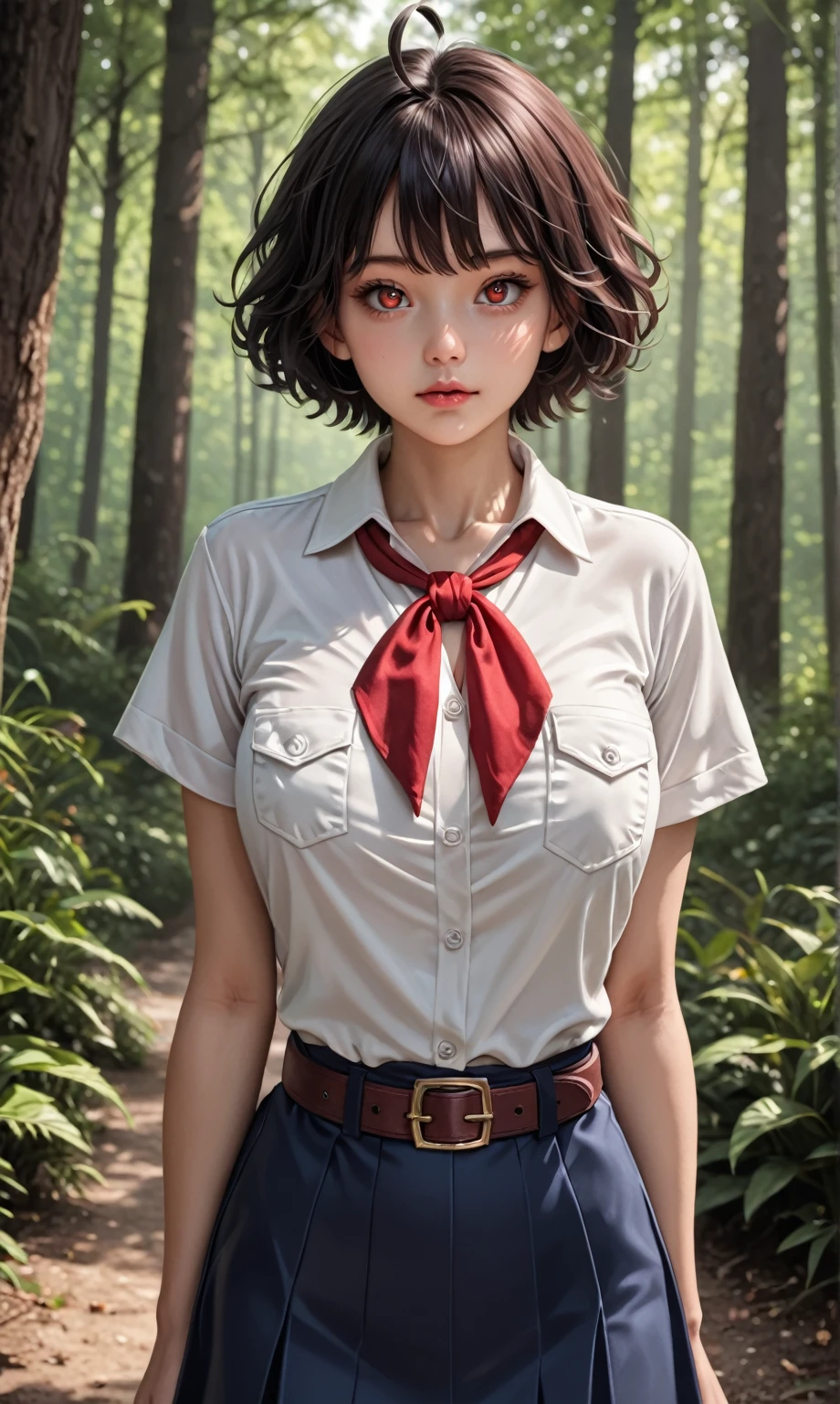 detailed eyes, (full body shot:1.2), 8k, (skinny body:1.2), curvy, (hands behind her back:1.2), seductive pose, looking at viewer, 8k vector photography, young teen, beautiful eyes, realistic lighting, detailed outfit, realistic facial features, hyper detail, (perfect angle, focus on face hips and breastegane), (very short hair:1.3), short disheveled hair, ahoge, huge chest, pioneer neckerchief, micro blue tight skirt, bangs, shirt, collarbone, very tight white shirt, short sleeves, collared shirt, belt, eyelashes, red neckerchief, breast pocket, face, realistic eyes, better face, summer morning forest 