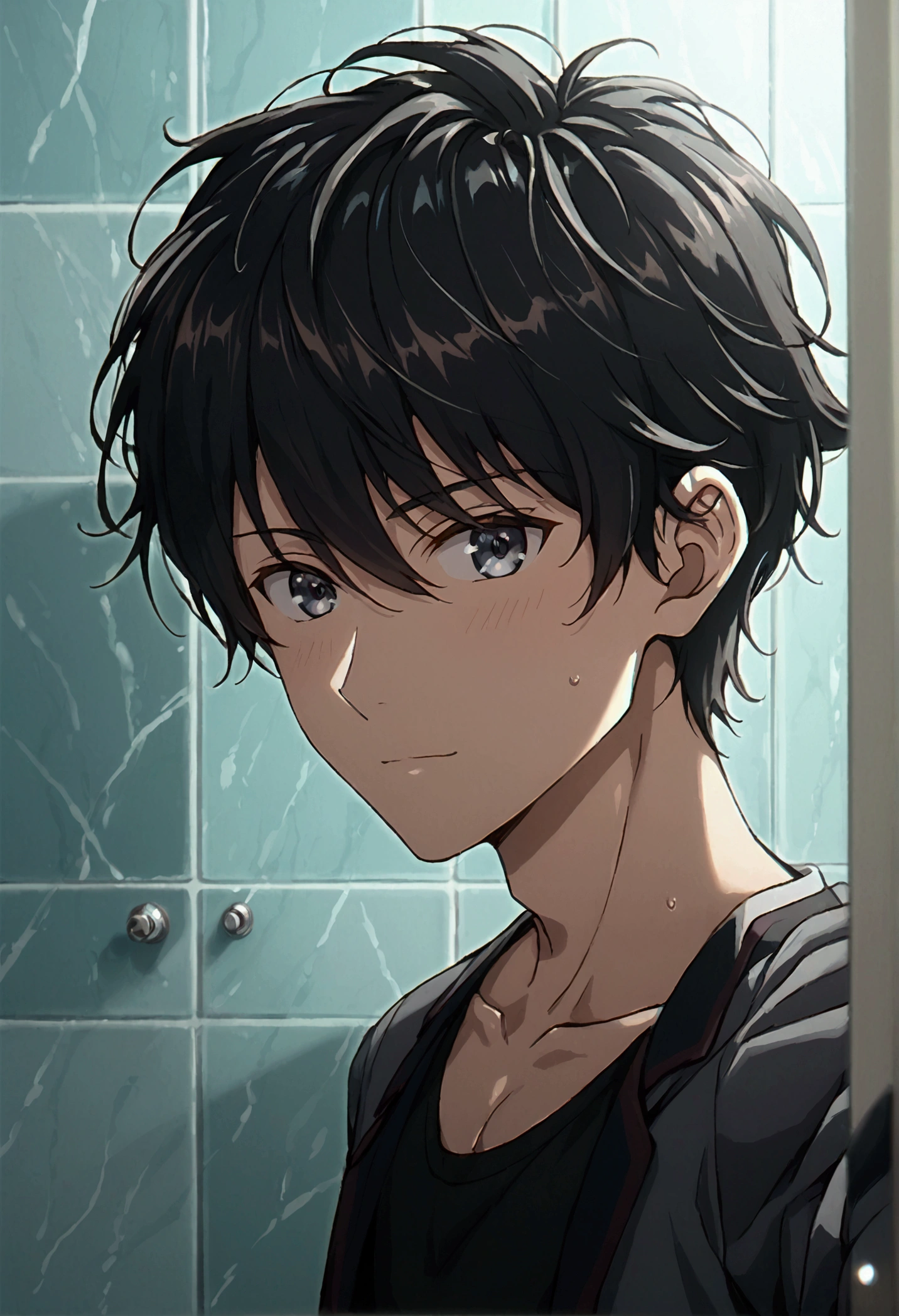 1boy,Selfie, Bathroom, Handsome,black hair.