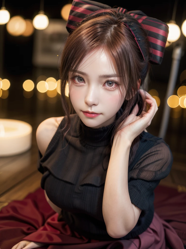 kasumi, eyes browns, (best qualityer, ultra detali), (realisitic:1.37), beautiful and detailed face, ultra-realisitic texture, 精致的面容, Delicate body, red lipgloss stick, shiny colors. High definition, 8k, expression with a slight cute smile